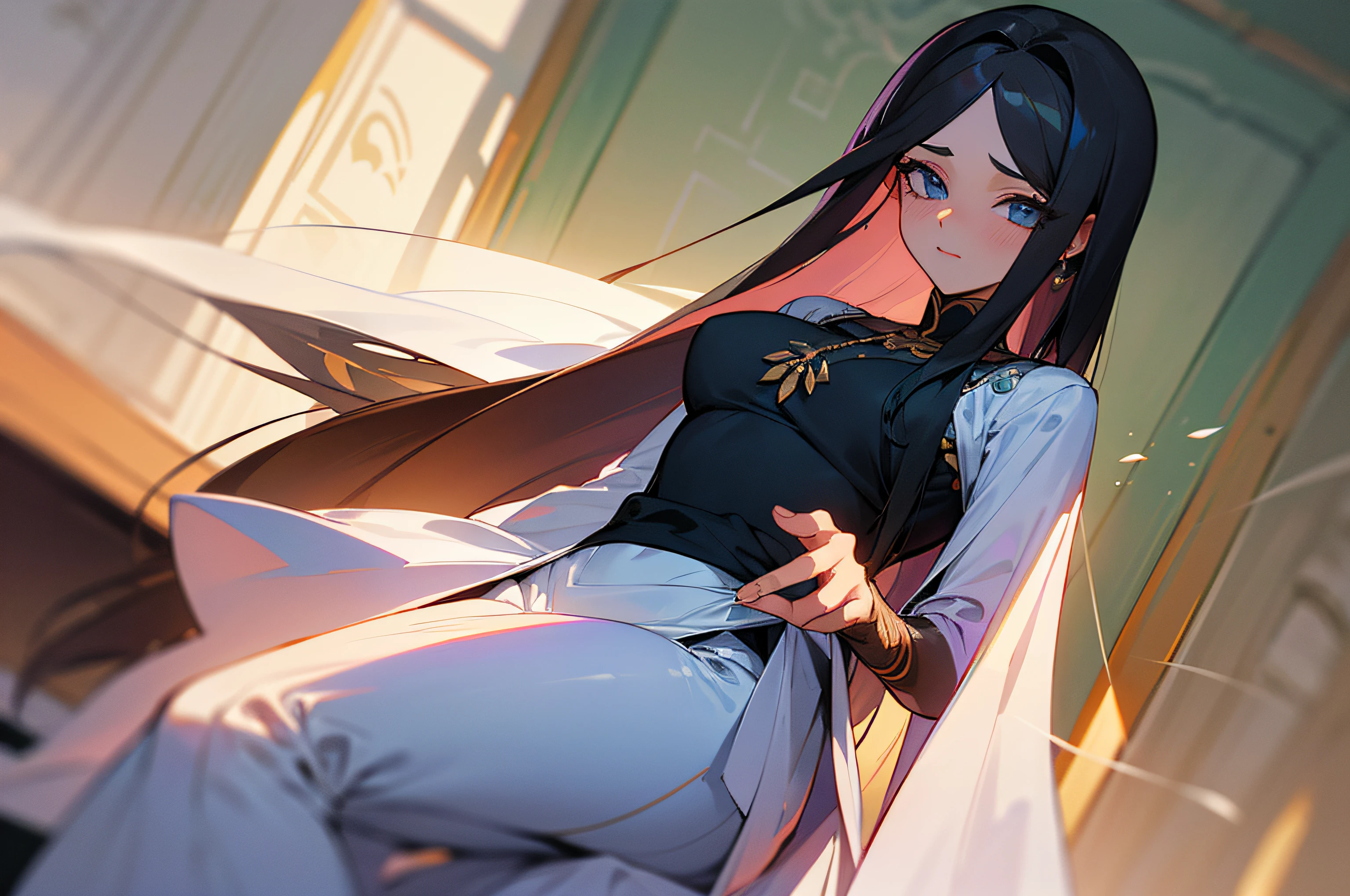 (Alta qualidade, Luzes detalhadas, Sombras detalhadas), 1 garota, cabelo branco, pele branca, olhos pretos, usando roupas sensuais, corpo inteiro, posturada, Simple scenario, ((anatomicamente correto)), alta resolução, Manga art style. --auto
