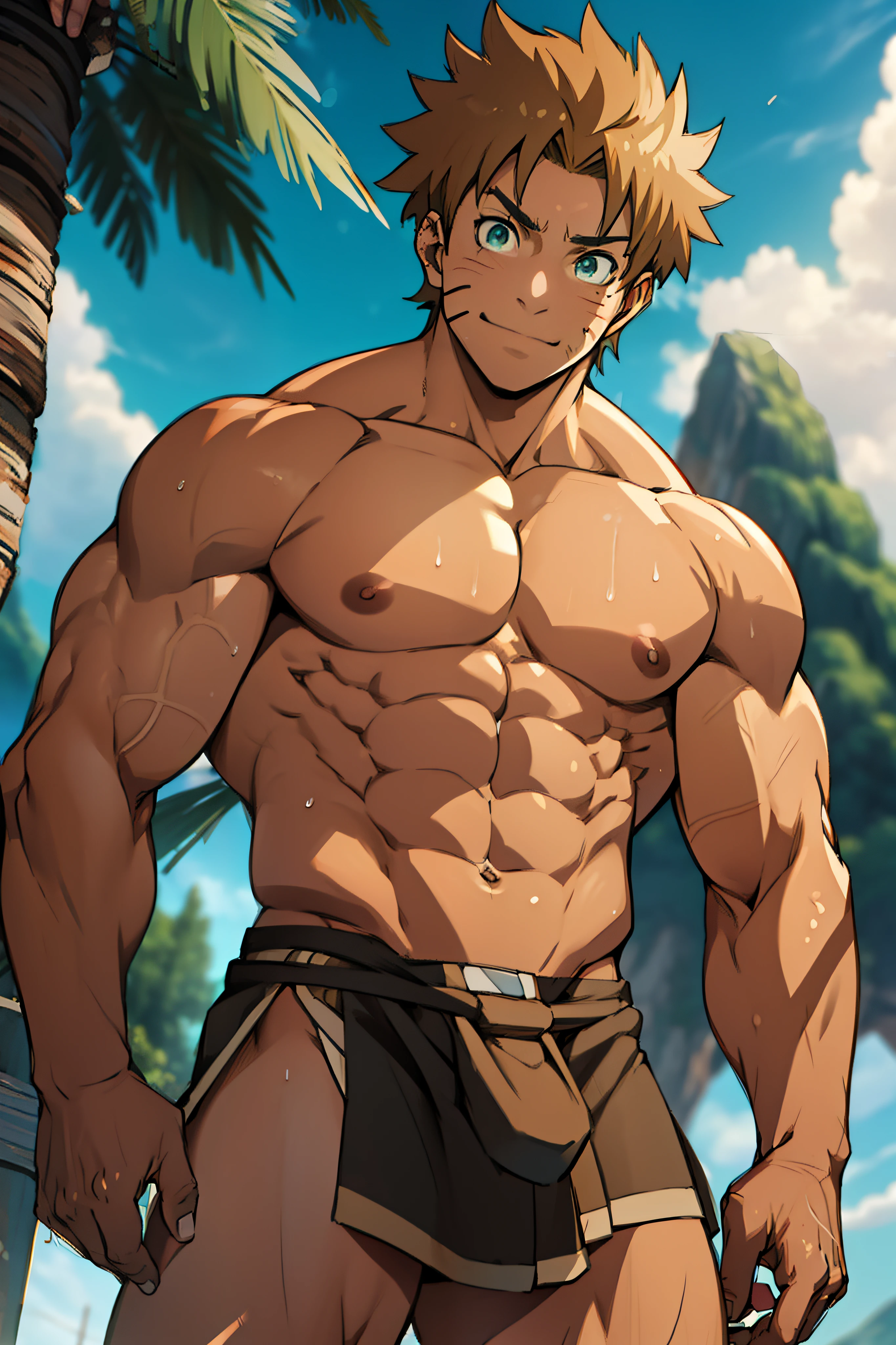red skin, tanned skin,reddish brown skin(muscular thigh muscles ) (Drawings of Naruto anime) (photo angle from bottom up) (photo angle from the ground upwards) [Anime photo][highest quality photo][4k,HD photo quality ] wear tight and short loincloths ,the loincloth bulges due to the erect male genitals (muscular thigh muscles, firm thigh muscles, muscular thigh muscles, sinewy thigh muscles, giant thigh muscles, strong leg muscles, muscular hamstring leg muscles)(thigh muscles bulging as if about to explode, muscular, calloused, sinewy, giant) , Rudeus Greyrat,fun, happy,bodybuilder,bodybuilding, standing, lots of sweat flowing down, topless, shirtless, hot sunny,blue eyes, 8 pack abs , short hair