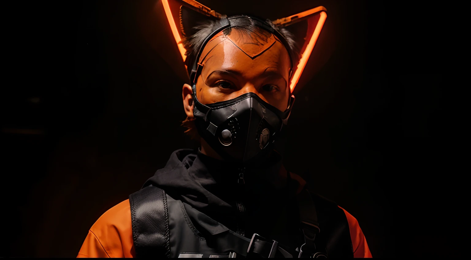 ("Techwear boy wearing LED mask")+("Orange cat with bandana in hand")+("Neon lights in the background") black background
