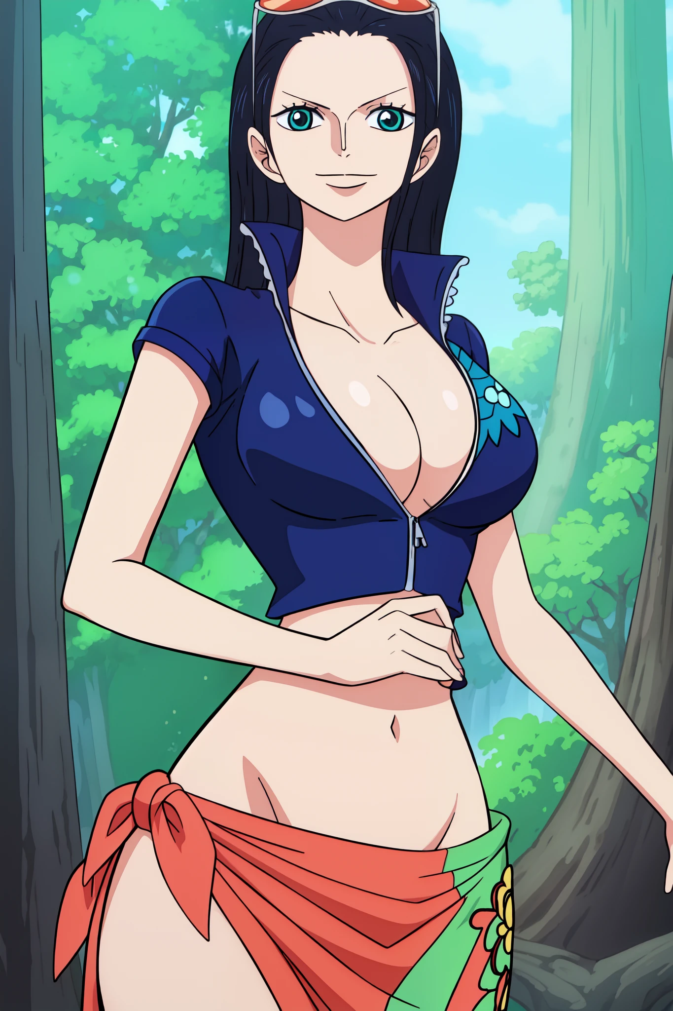 Nico Robin from one piece, black ling hair, blue eyes, dark wide pupils, smiling, big breasts, large size boobs, sunglass, wearing a long salmon sarong skirt that has a design of a green seaweed with red and yellow flowers on the side, zipped short-sleeved navy blue leather vest with a V-neck line, standing in forest,