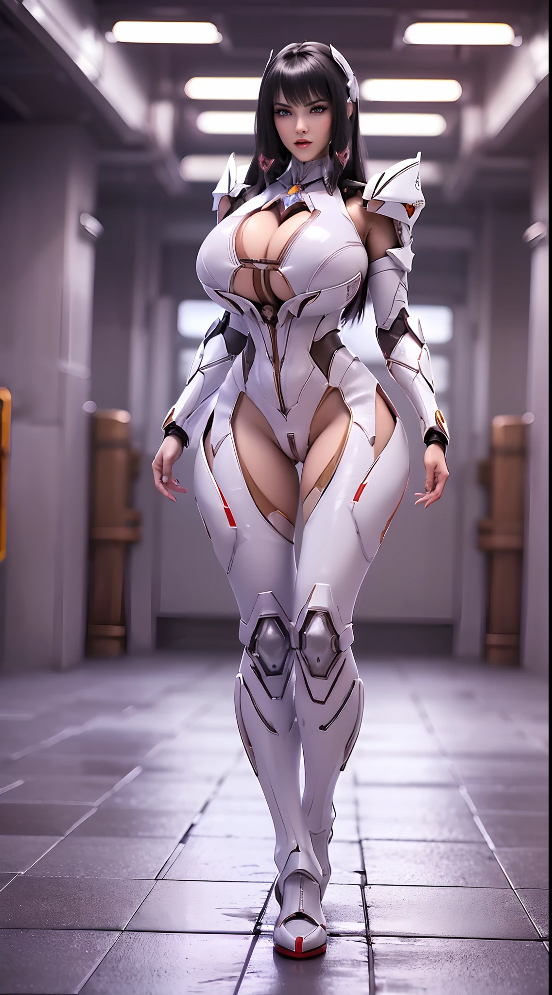 (:1.5), (1GIRL), (ALONE), (super detailed face), (black Hair:1.5), (BIG , MUSCLE ABS, HUGE ROUND :1.5), (MECHA GUARD ARM:1.3), (RED,WHITE, MECHA CYBER ARMORED, CLEAVAGE, MECHA SKINTIGHT SUIT PANTS, DIAMOND CORE IN ARMOR, MECHA GUARD ARMOR LEGS, HIGH HEELS:1.5), (THICC MUSCULAR FEMALE BODY, LONG LEGS:1.1), (LOOKING AT VIEWER:1.3), (female focus:0.886), (WALKING DOWN HALLWAY OF FUTURISTIC SPACE STATION:1), (BRIGHT LIGHTING:1.5), SUPER TEXTURE, UNREAL ENGINE RENDER, PHYSICALLY-BASED RENDERING, ULTRA HIGHT DEFINITION, 16K, 1080P.