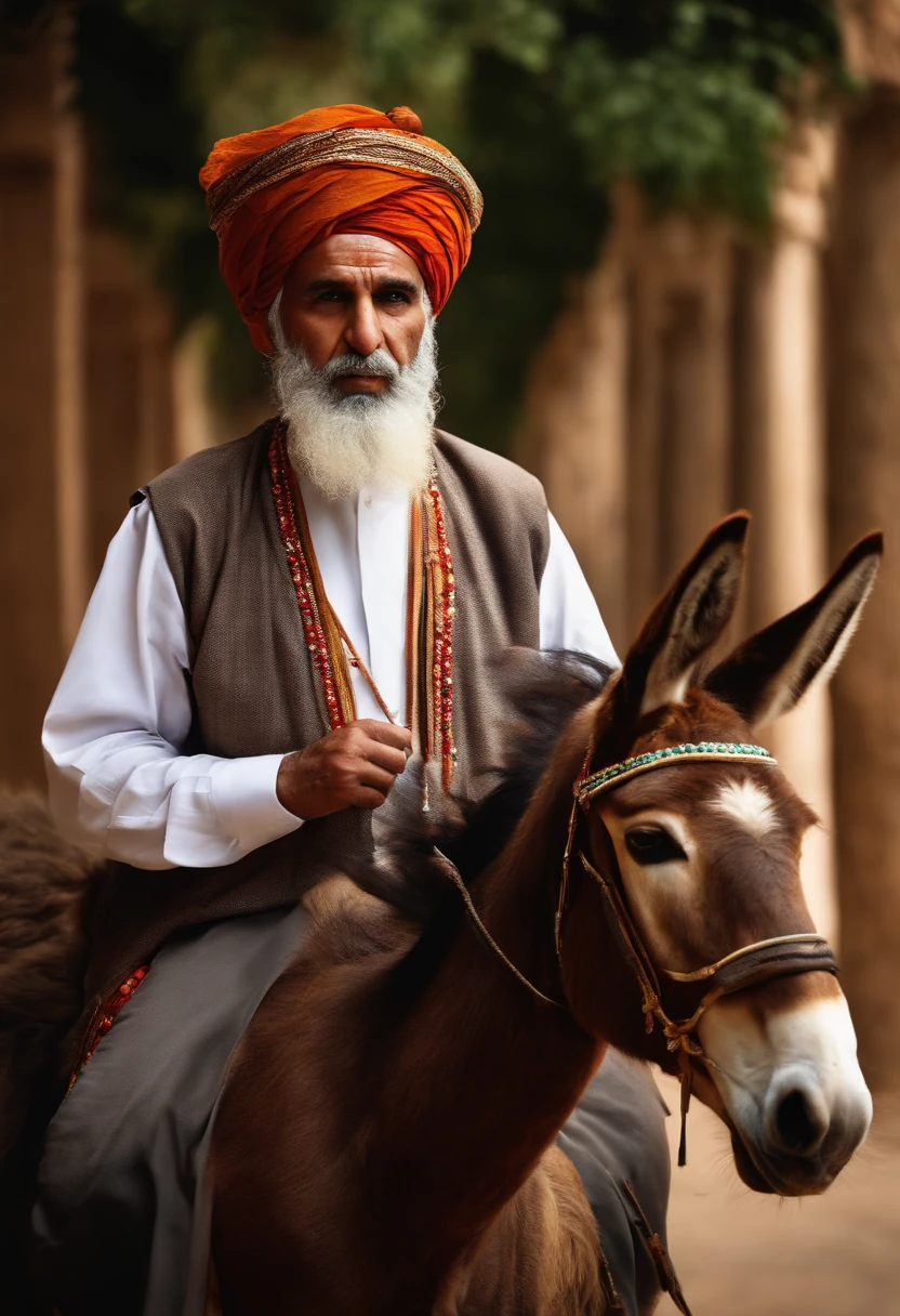 senator donkey, brown, old man wearing turban, arabic dress, medium hair, four legs, donkey,