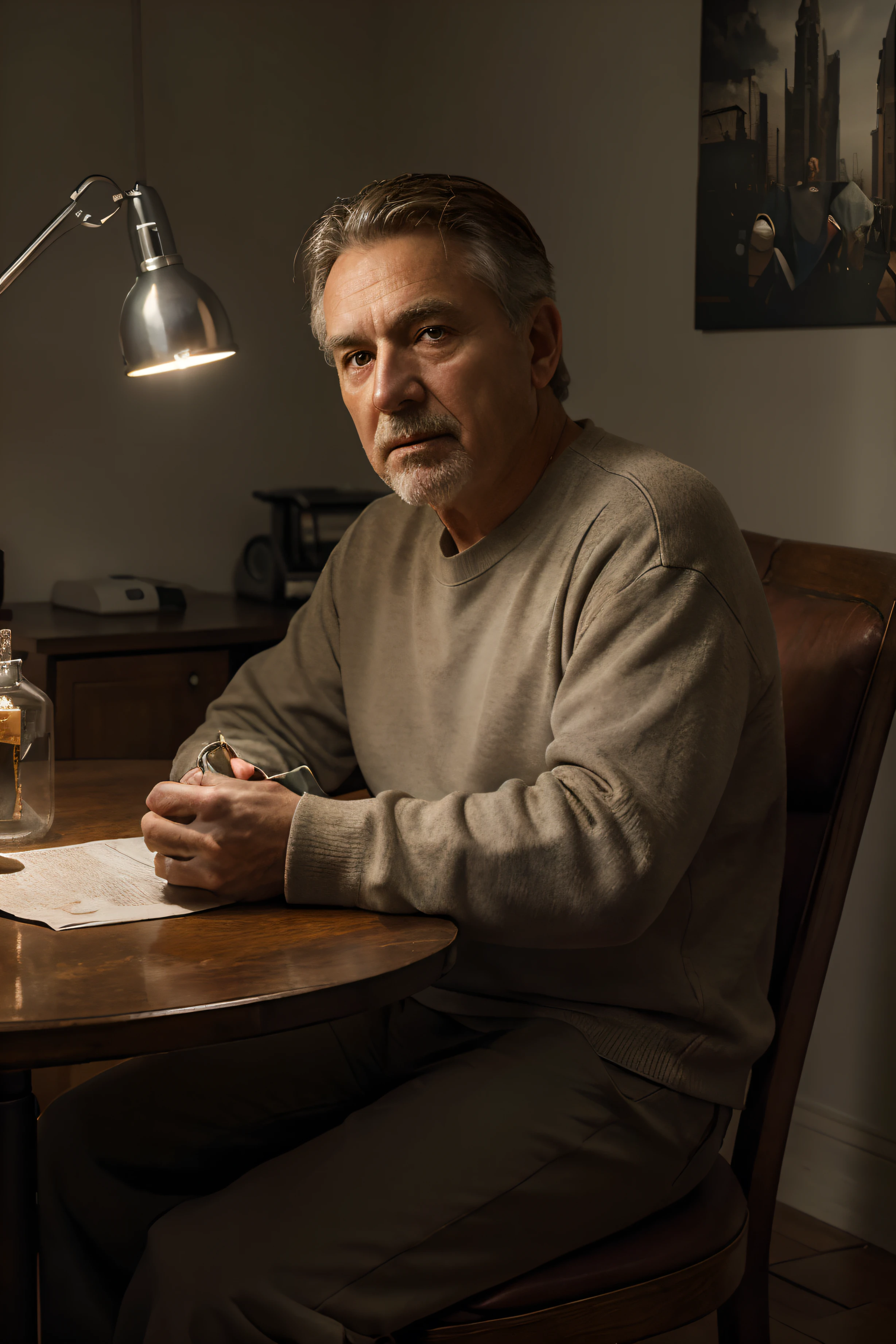 (Masterpiece, Photorealistic, Raw, : 1.4), (Very Complex: 1.2), Fury, Cinematic Lights, Side Lights, Ultra High Resolution, Best Shadows, RAW, Upper Body, Old Man, Wearing Pullover, sitting on the chair near table full of medicine