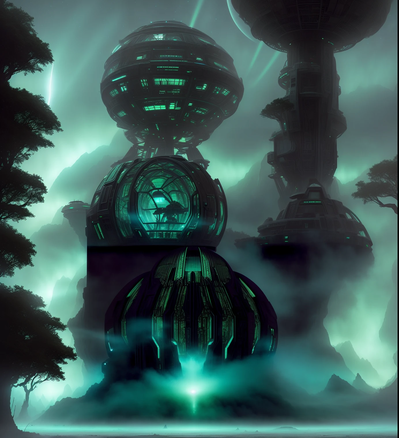 A alien dom structure in middle of green poison fog, alien mothership, alien mothership landed in a new a planet, dark sky background with green fog, exterior alien structure in a wild planet, dramatic lighting scifi, luminous scifi engine, scifi scene, dramatic sci-fi movie still, depicted as a scifi scene, glowing fog intricate, interplanetary