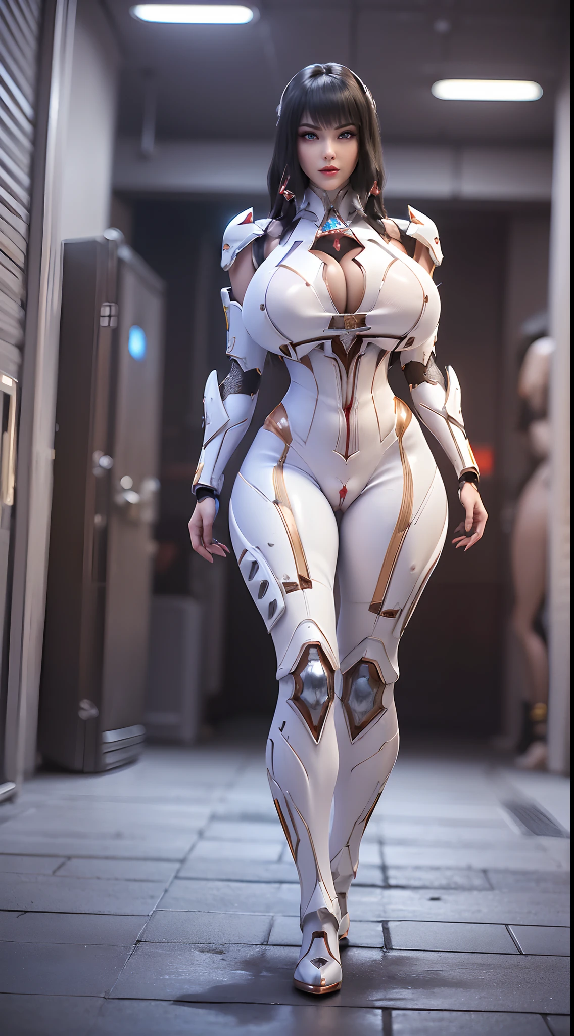 (Nsfw:1.5), (1GIRL), (ALONE), (super detailed face), (black Hair:1.5), (BIG BUTTOCKS, MUSCLE ABS, HUGE ROUND BOOBS:1.5), (MECHA GUARD ARM:1.3), (RED,WHITE, MECHA CYBER ARMORED, CLEAVAGE, MECHA SKINTIGHT SUIT PANTS, DIAMOND CORE IN ARMOR, MECHA GUARD ARMOR LEGS, HIGH HEELS:1.5), (THICC MUSCULAR FEMALE BODY, SEXY LONG LEGS:1.1), (LOOKING AT VIEWER:1.3), (female focus:0.886), (WALKING DOWN HALLWAY OF FUTURISTIC SPACE STATION:1), (BRIGHT LIGHTING:1.5), SUPER TEXTURE, UNREAL ENGINE RENDER, PHYSICALLY-BASED RENDERING, ULTRA HIGHT DEFINITION, 16K, 1080P.