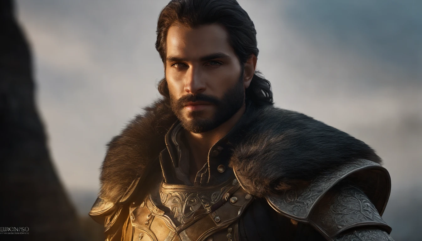 homem com barba curta, Epic RPG Portrait, retrato masculino de fantasia, arte conceitual de retrato rpg, guerreiro masculino, retrato de arte conceitual de fantasia, Epic portrait illustration, retrato detalhado do personagem, um humano guerreiro, grande armadura negra com detalhes em amarelo, armadura completa, olhos azuis, cabelo curto, cabelo castanho, dungeons and dragons character, detailed hands, capa, segurando uma espada, 4k, 8k