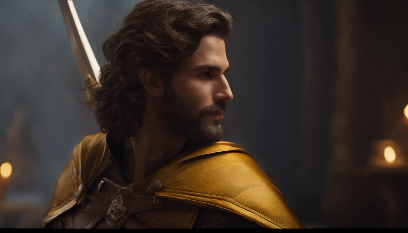 homem com barba curta, Epic RPG Portrait, retrato masculino de fantasia, arte conceitual de retrato rpg, guerreiro masculino, retrato de arte conceitual de fantasia, Epic portrait illustration, retrato detalhado do personagem, um humano guerreiro, grande armadura negra com detalhes em amarelo, armadura completa, olhos azuis, cabelo curto, cabelo castanho, dungeons and dragons character, detailed hands, capa, segurando uma espada, 4k, 8k