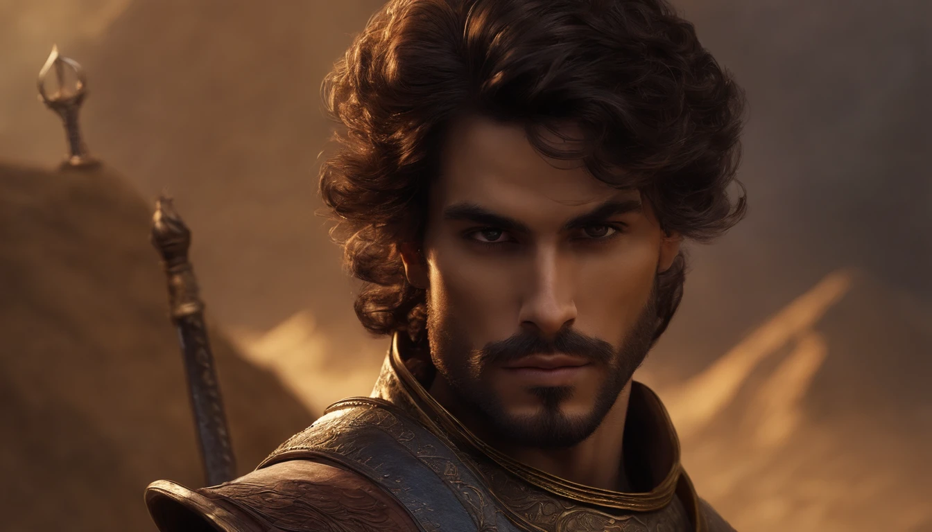homem com barba curta, Epic RPG Portrait, retrato masculino de fantasia, arte conceitual de retrato rpg, guerreiro masculino, retrato de arte conceitual de fantasia, Epic portrait illustration, retrato detalhado do personagem, um humano guerreiro, grande armadura negra com detalhes em amarelo, armadura completa, olhos azuis, cabelo curto, cabelo castanho, dungeons and dragons character, detailed hands, capa, segurando uma espada, 4k, 8k