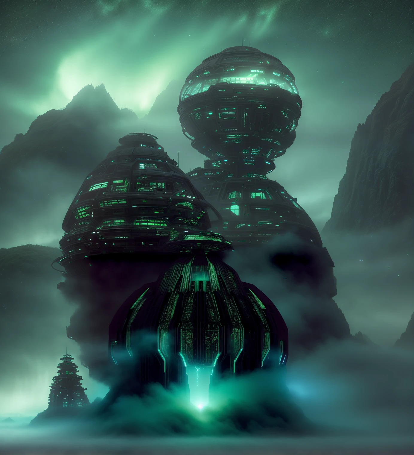 A alien dom structure in middle of a intricate green poison fog, alien mothership, alien mothership landed in a new a planet, interplanatary ambient, dark sky background with green fog, dramatic lighting scifi, luminous scifi engine, scifi scene, dramatic sci-fi movie still, glowing fog