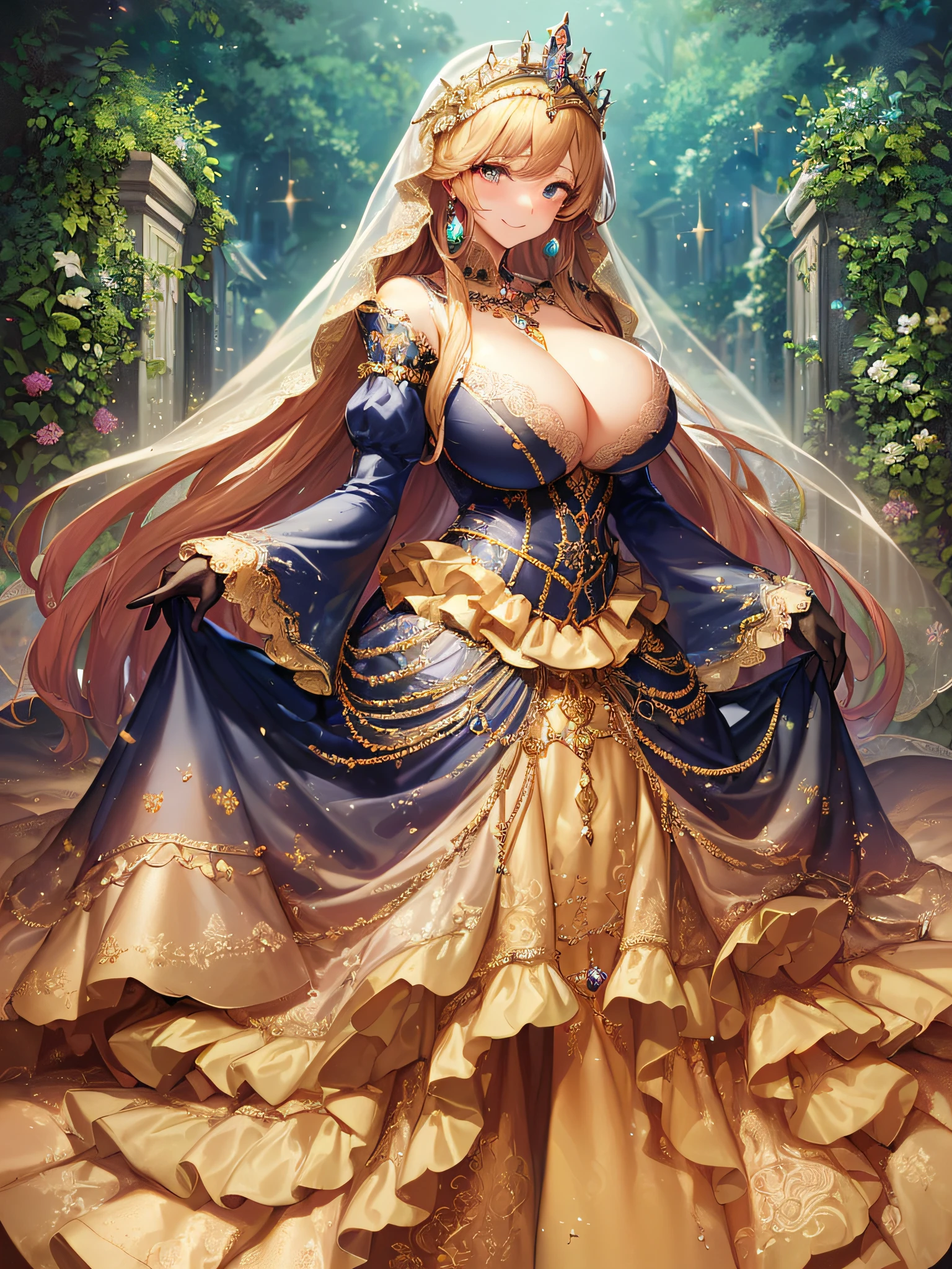 ((Anime Art Style)),(masutepiece),(Best Quality), (Super Detail),(Highly detailed CG Unity 8k wallpaper),((Very delicate and beautiful)),1 Lady,((Full body portrait)),((Stand in the garden)),((Solo)),(((One princess in a very gorgeous Rococo princess ball gown and a voluminous full-length hoop skirt adorned with gorgeous embroidery and jewels))),(((Giant Crinoline Hoop Skirt))),Long Train,((Gorgeous embroidery and jewelry)),voluminous ruffles,(((very very gigantic boobs,Skindentation))),cleavage,((Very long straight hair,Very voluminous straight long hair,Very long straight hair)),(finely detailed face and eyes),((Seductive smile,embarrassed)),Beautiful eyes like jewels,Very gorgeous hair ornament,(A very gorgeous tiara adorned with sparkly jewels),((Glitter Gorgeous Gemstone Jewelry)),Gorgeous Long Veil,((ultra long gloves)),(Beautiful background),(Full body),((Very gorgeous Rococo princess ball gown with gorgeous embroidery and jewels and voluminous full-length hoop skirt))