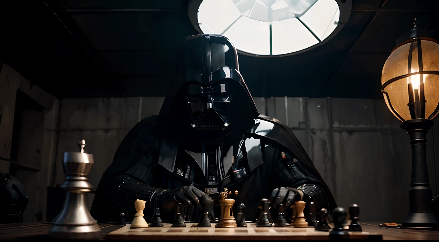 Darth Vader playing chess with Sauron in a post-apocalyptic setting, desrtuição, fogo, ultra detalhes, raw, tudo quebrado, dor, darkeness