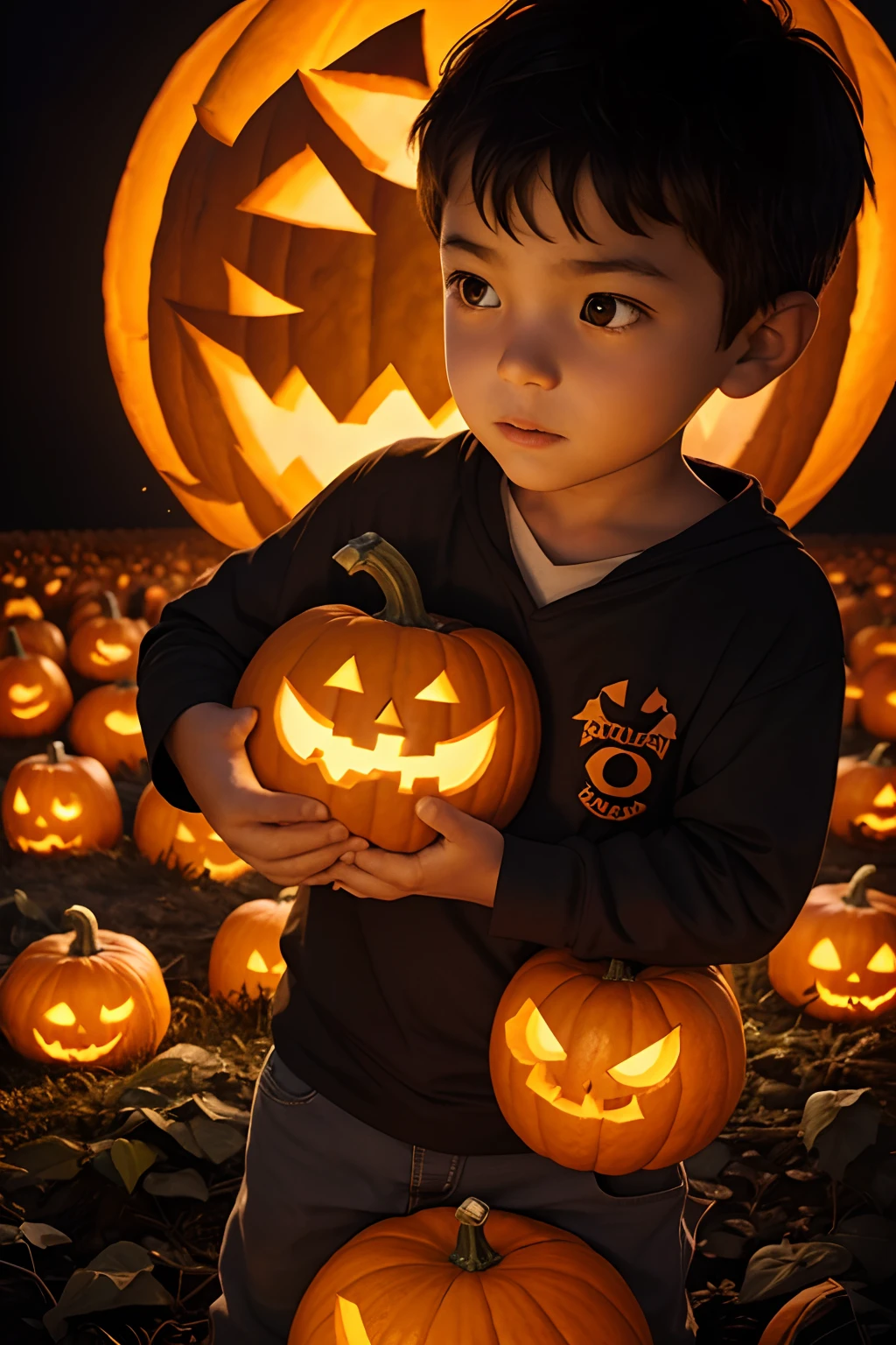 a young boy standing in a dark pumpkin field with a giant pumpkin monster his head is giant picking and his body is slim dead tree it has some pumpkin leaves , the boy holding a flashlight, he is scared
a pumpkin with flames and flames (0.61%)
a cartoon of two kids with a pumpkin and a jack-o-lantern (0.66%)
a group of pumpkins in a field (0.77%)
a close up of a baseball bat (0.77%)
a person holding a toy gun (0.79%)
a close up of a pumpkin (0.76%)
a close-up of a person's head (0.81%)