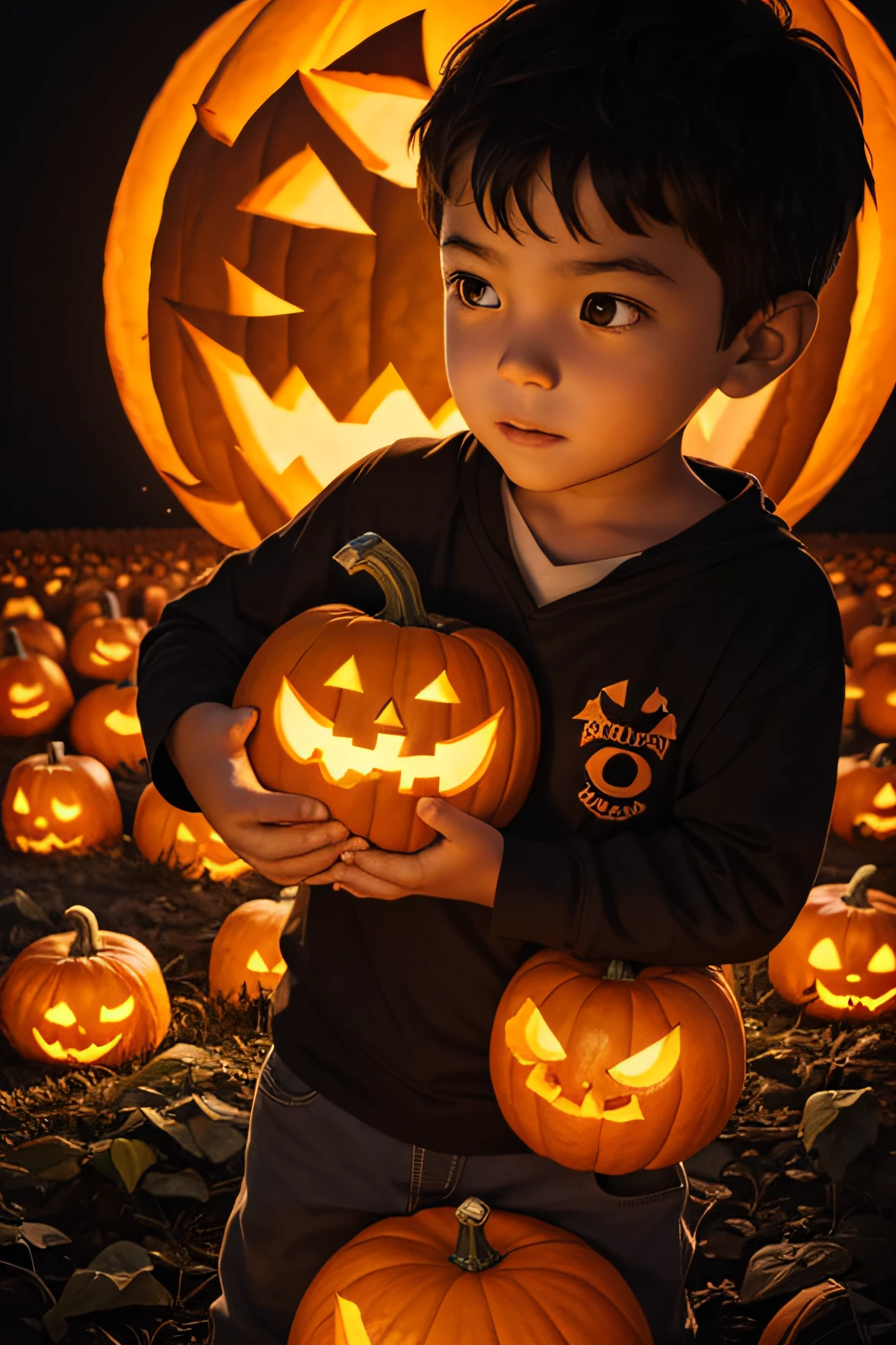 a young boy standing in a dark pumpkin field with a giant pumpkin monster his head is giant picking and his body is slim dead tree it has some pumpkin leaves , the boy holding a flashlight, he is scared
a pumpkin with flames and flames (0.61%)
a cartoon of two kids with a pumpkin and a jack-o-lantern (0.66%)
a group of pumpkins in a field (0.77%)
a close up of a baseball bat (0.77%)
a person holding a toy gun (0.79%)
a close up of a pumpkin (0.76%)
a close-up of a person's head (0.81%)