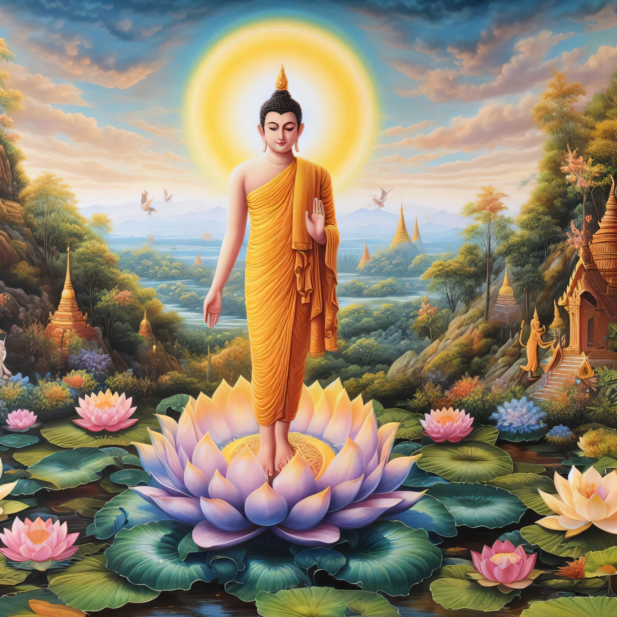 painting of a person standing on a lotus flower in a field, standing gracefully upon a lotus, standing on a lotus, the buddha, buddhism, on path to enlightenment, on the path to enlightenment, sitting on a lotus flower, buddhist, buddhist art, buddha, with lotus flowers, lotus, thailand art, spiritual enlightenment, lotuses