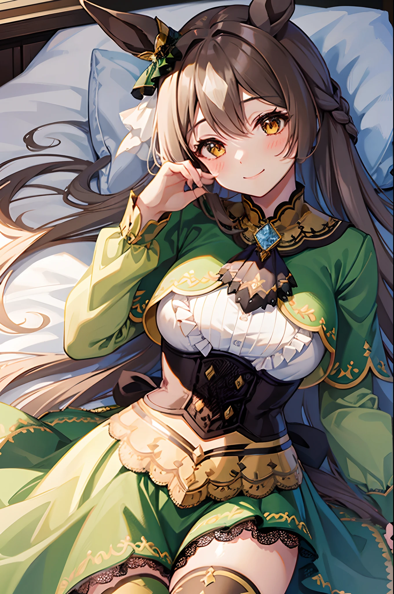 Lying down,Viewer's Perspective,blushed face,Shy,a smile,Close-up of the face,a bed,aasato, long hair, half updo, braid, hair between eyes, animal ears, ear ornament, horse tail, breasts, frills, black ascot, green dress,black thighhighs,Pull up the dress,Top image quality,Masterpiece,Best Quality