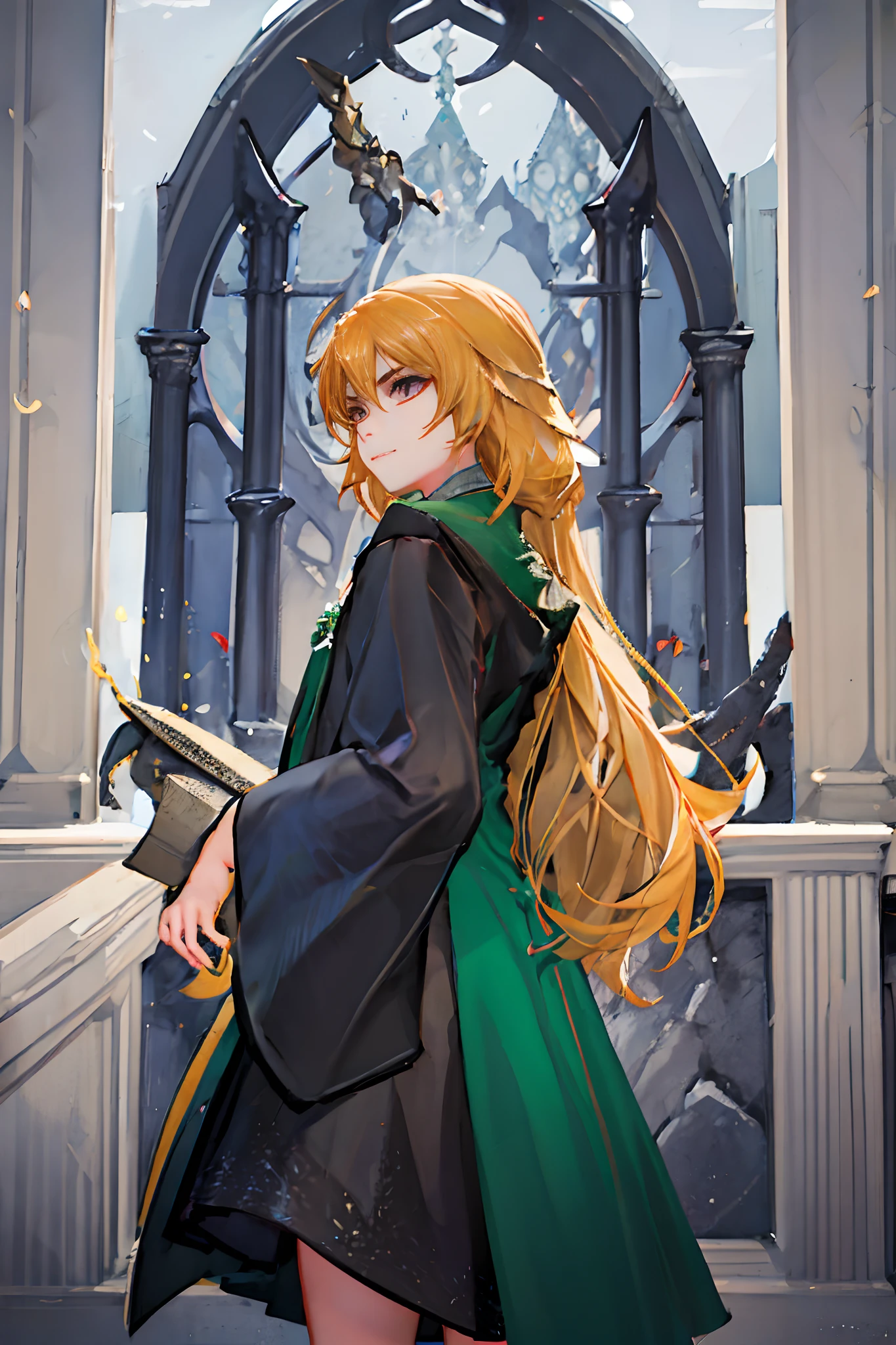 ((!!Yang Xiao Long!!)) ela tem cabelos enormes e dourados!!)), ((A young woman belonging to Slytherin House)) em hogwarts)), usando ((uma blusa social branca, With a piece of my belly on display, decore aberto)) ((!!saia cinza pregueada!!)), Its symbol is the snake and its colors are green and silver ((!!ela usa uma gravata verde e prata, symbolizing your affiliation with Slytherin House;)). Ademais, She's wearing a black overcoat, And there's a Slytherin symbol on one side, Also with green and silver accents, ((!!!seus cabelos longos, loiros, volumosos e ondulados caem elegantemente sobre os ombros)). ((melhor qualidade)), ((obra-prima)), (altamente detalhado:1.3) Her beautiful eyes are a bright purple shade of color, With a determined look and an amused expression. A arte deve retratar todos esses detalhes com ((!!High Accuracy)) e ((!!fidelidade)) ao contexto de Hogwarts. Castelo de Hogwarts ao fundo.