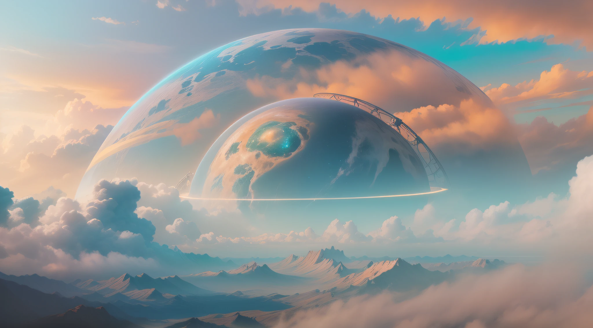 Uranus stretching over the Earth in a protective embrace, mesmerizing cloudy sky, vast landscape with ever-changing colors, delicate brushstrokes capturing the essence of the evolving scenery, ethereal dreamlike atmosphere, (best quality, 4k, highres, masterpiece:1.2), captivating celestial presence, awe-inspiring cosmic beauty, seamless fusion of realism and fantasy, surreal lighting casting an enchanting glow, (vivid colors, vibrant hues), (soft pastel tones, gentle gradients), a sense of tranquility and wonder, (subtle atmospheric effects, subtle mist, soft glow), (fine details, intricate patterns), (sublime nature, boundless horizons), an invitation to explore the unknown, (horizon stretching into infinity), a harmonious blend of nature and the cosmos, (magical, otherworldly:1.2), (serene, peaceful), (ethereal, mystical:1.1), (cosmic energy, spiritual connection), (serendipitous, meaningful), (majestic, grandiose)