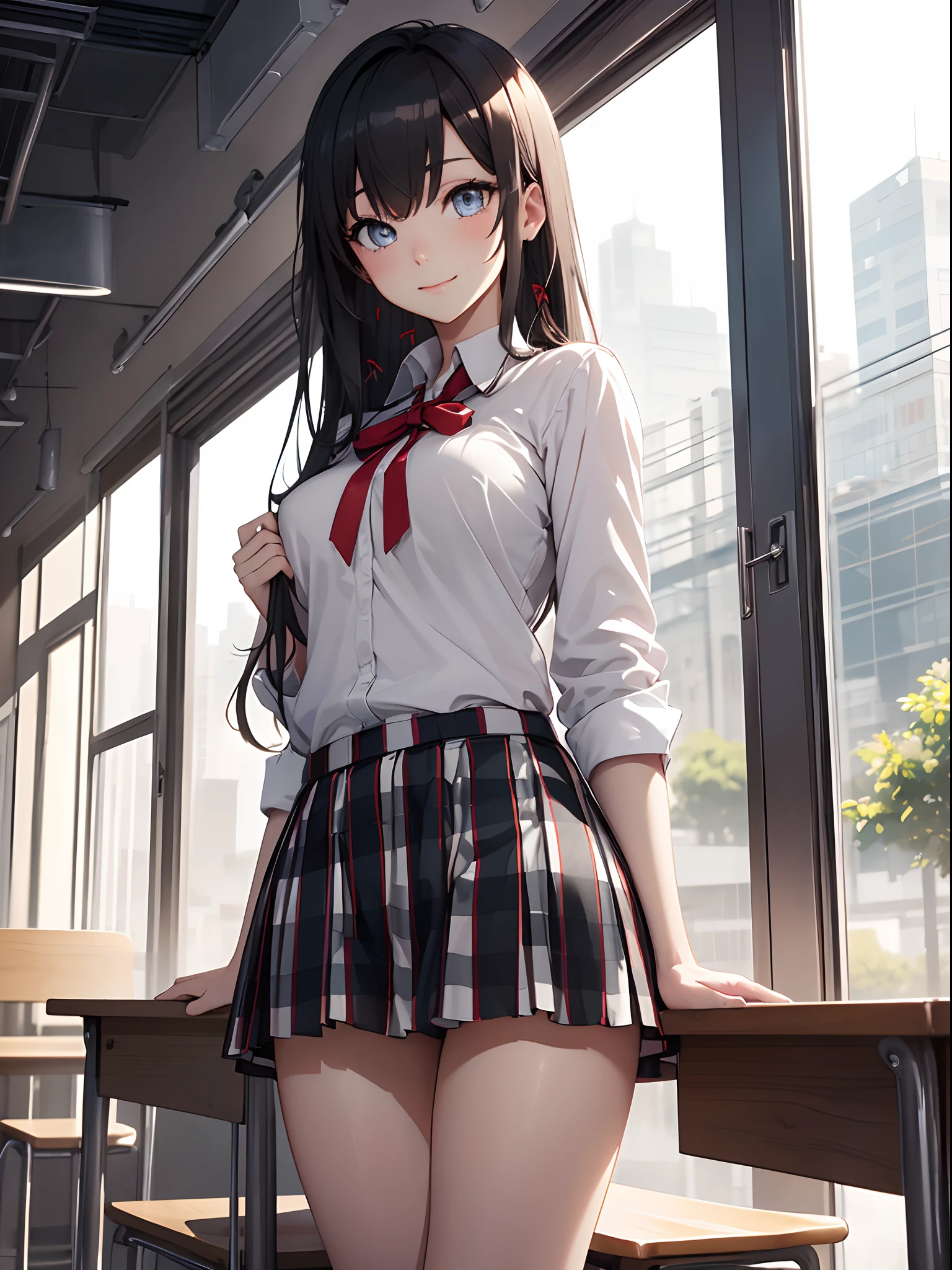 (masterpiece, best quality:1.2), solo, 1girl, yukinoshita yukino, slight smile, looking at viewer, sitting, school uniform, ((white shirt, full sleeves)), plaid skirt, ((bare legs)), afternoon, classroom, BREAK looking at viewer, (smile), (((holding skirt, lifting skirt, white panties exposed))), (medium boobs), ((bare thighs)), thigh focus, BREAK (masterpiece:1.2), ((cowboy shot)) best quality, high resolution, unity 8k wallpaper, (illustration:0.8), (beautiful detailed eyes:1.6), extremely detailed face, perfect lighting, extremely detailed CG, (perfect hands, perfect anatomy),