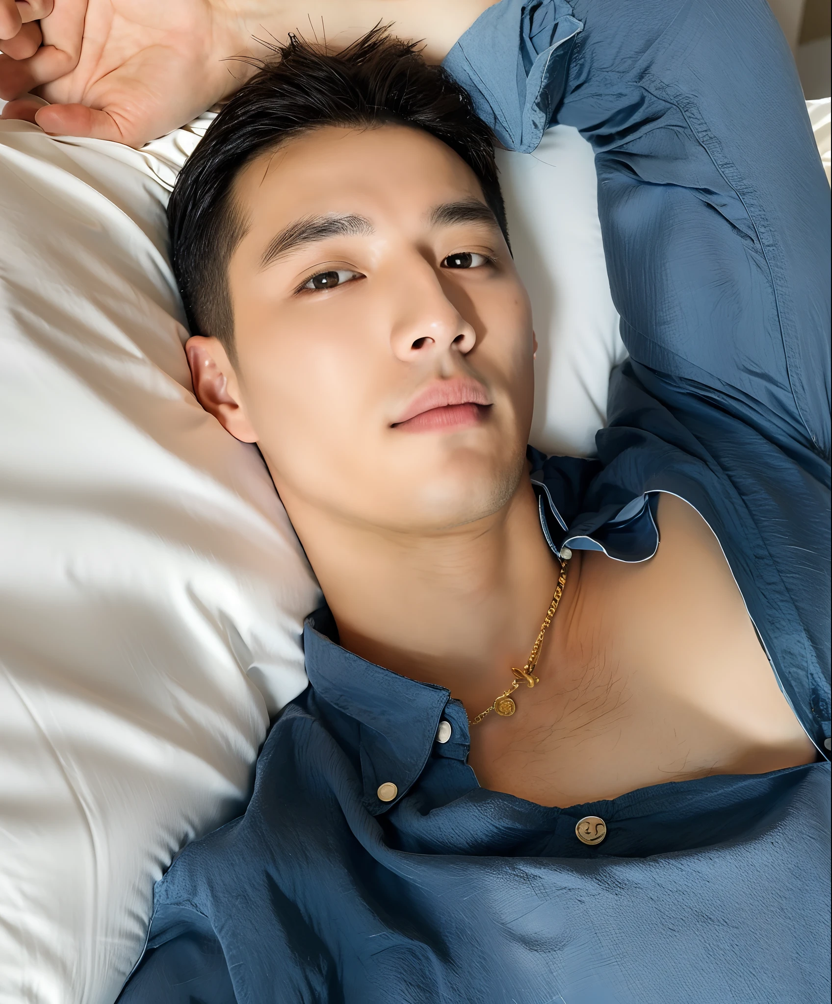 Man lying on a bed with his head on a pillow, Bonito Chade Chin, Sul Coreano Masculino, Kim Siwoo, asian male, 2 7 anos, Jinyoung Canela, 2 8 anos, Hyung Tae, christopher c. Lee, chest and face, 2 9 anos, posando na cama, Deitado na cama, na minha cama