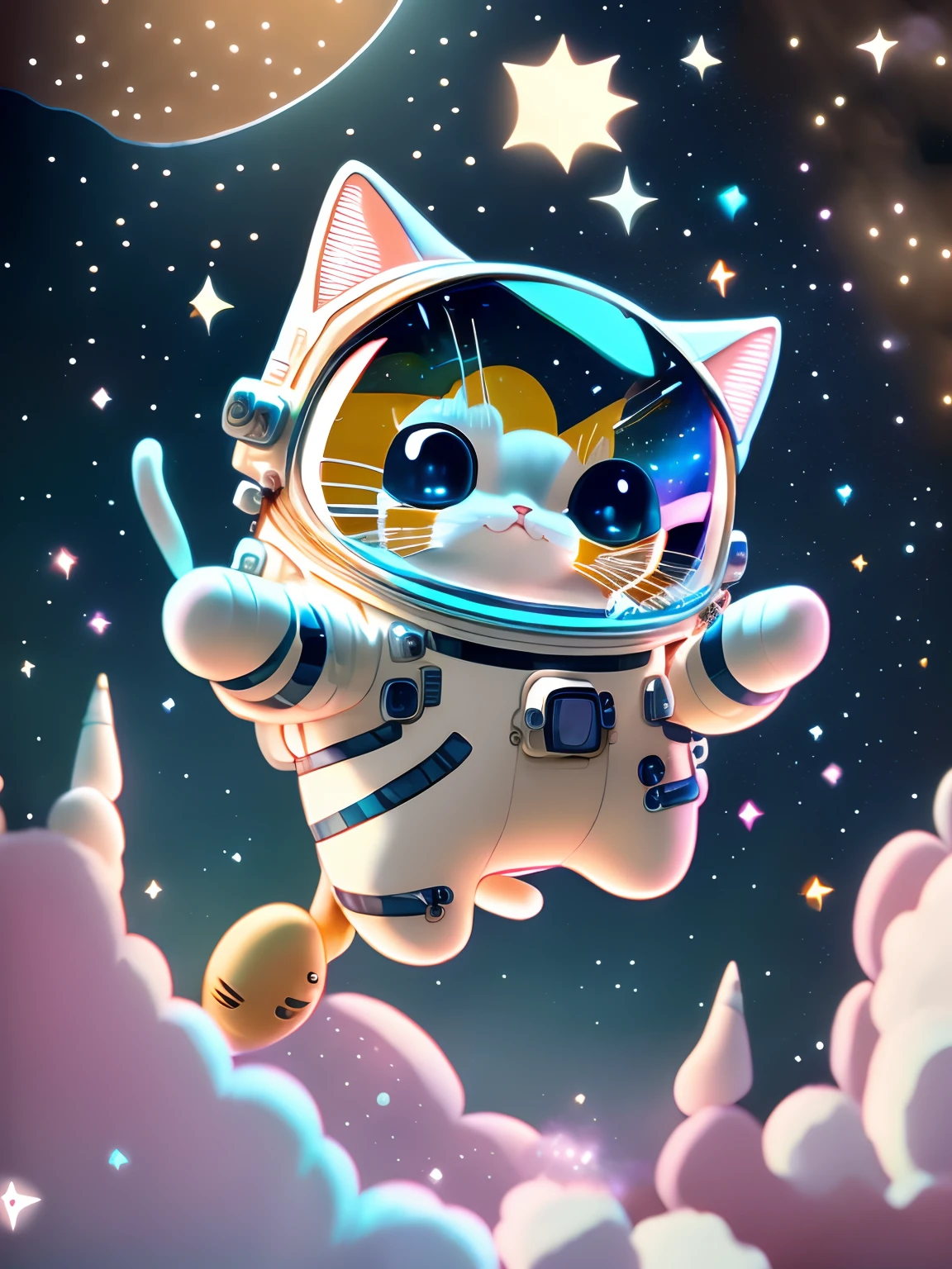 Cartoon cat flying over the stars in a spacesuit, Space cat, Cat in space, astronaut cat, kittens in outer space, anime cat, Cute detailed digital art, adorable digital art, anime visual of a cute cat, lovely digital painting, cat summoning a spaceship, Kawaii cat, cat summoning a spaceship, cat from the void, Amazing wallpapers, In space（wearing spacesuit，Transparent helmet，robotic hand） Edge lights， [smog]， [hazed out]， natural  lightting， shallowdepthoffield， Shot on a Canon EOS-1D X Mark III， 50mm lens， f / 2.8， （intricately details， ultra - detailed）， （（RAW color））， Clear focus， hdr， 4K 分辨率，cinematic movie