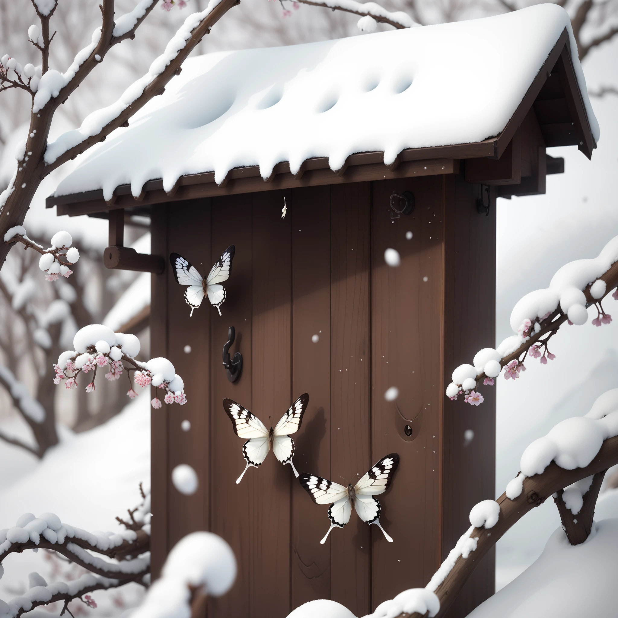 Winters，In the cold wind, A white butterfly is forced to remain on the plum blossom，It snows in winter，Cold