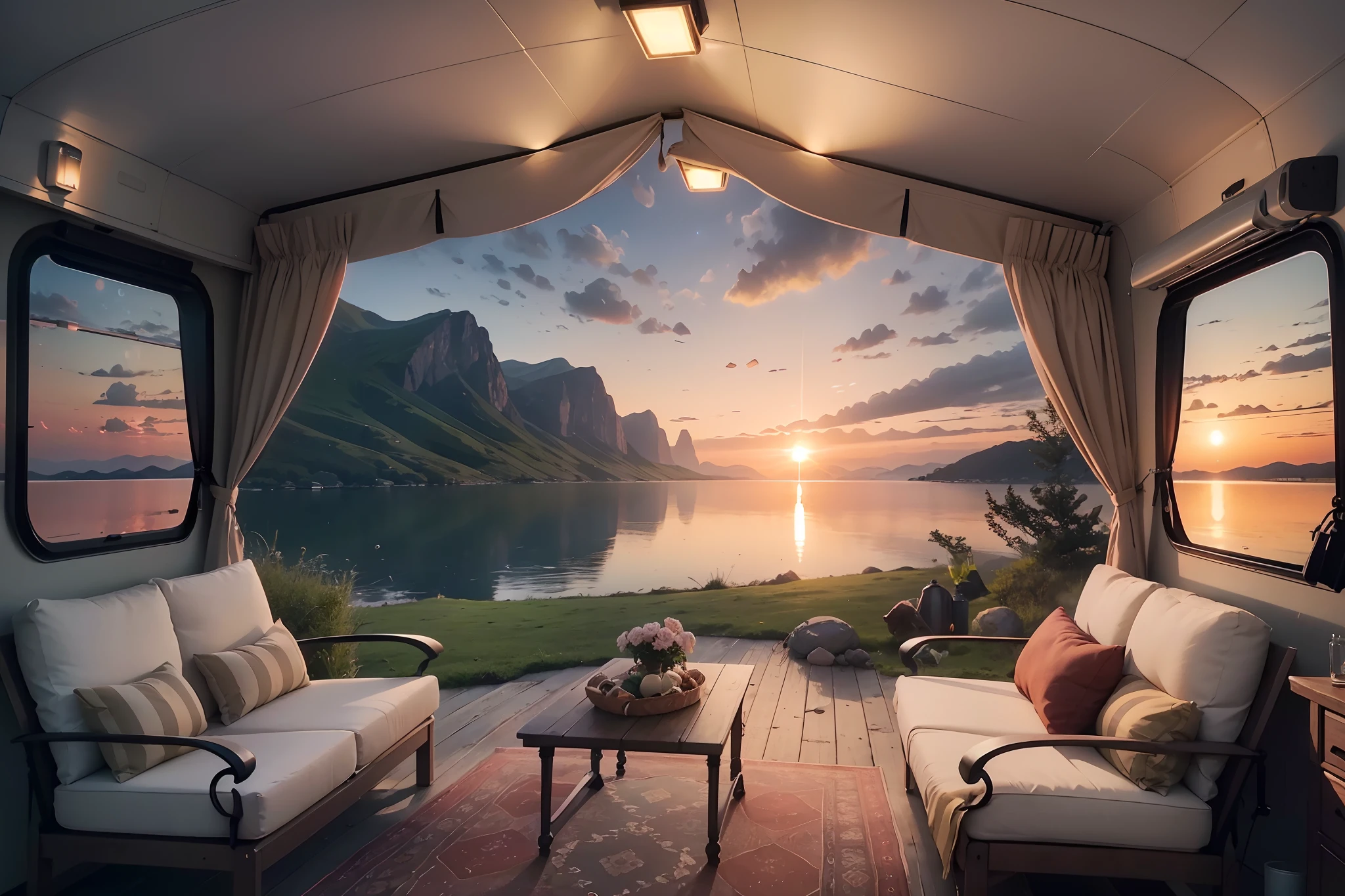 (Best quality,4K,8K,A high resolution,Masterpiece:1.2),Ultra-detailed,(Realistic,Photorealistic,photo-realistic:1.37),Campervan,RV,vehicle,Luxurious,,spacious,comfortable,camping,Adventure,travel,vacation,Outdoors,scenic,Beautiful nature,In the wild,wilderness,Sunset,Sunrise,Mountains,ln the forest,Remote location,Peaceful,serene,tranquil,lakeside,Collection,barbecue,unwind,Family time,Comfortable interior,King bed,kitchenette,Shower,toilet,Equipped with essentials,Awning,Alfresco dining area,solar panels,On-board power supply,Spacious storage space,sleeping bag,picnic table,Outdoor gear,fishing gear,hiking boots,binoculars,campfires,Stargazing,music,Dance,Bonding moments,Memories of a lifetime,blissful,Enjoy the beauty of nature,Out of touch with the world,Find inner peace,Embrace simplicity,Colorful sunset,Soft natural lighting。
