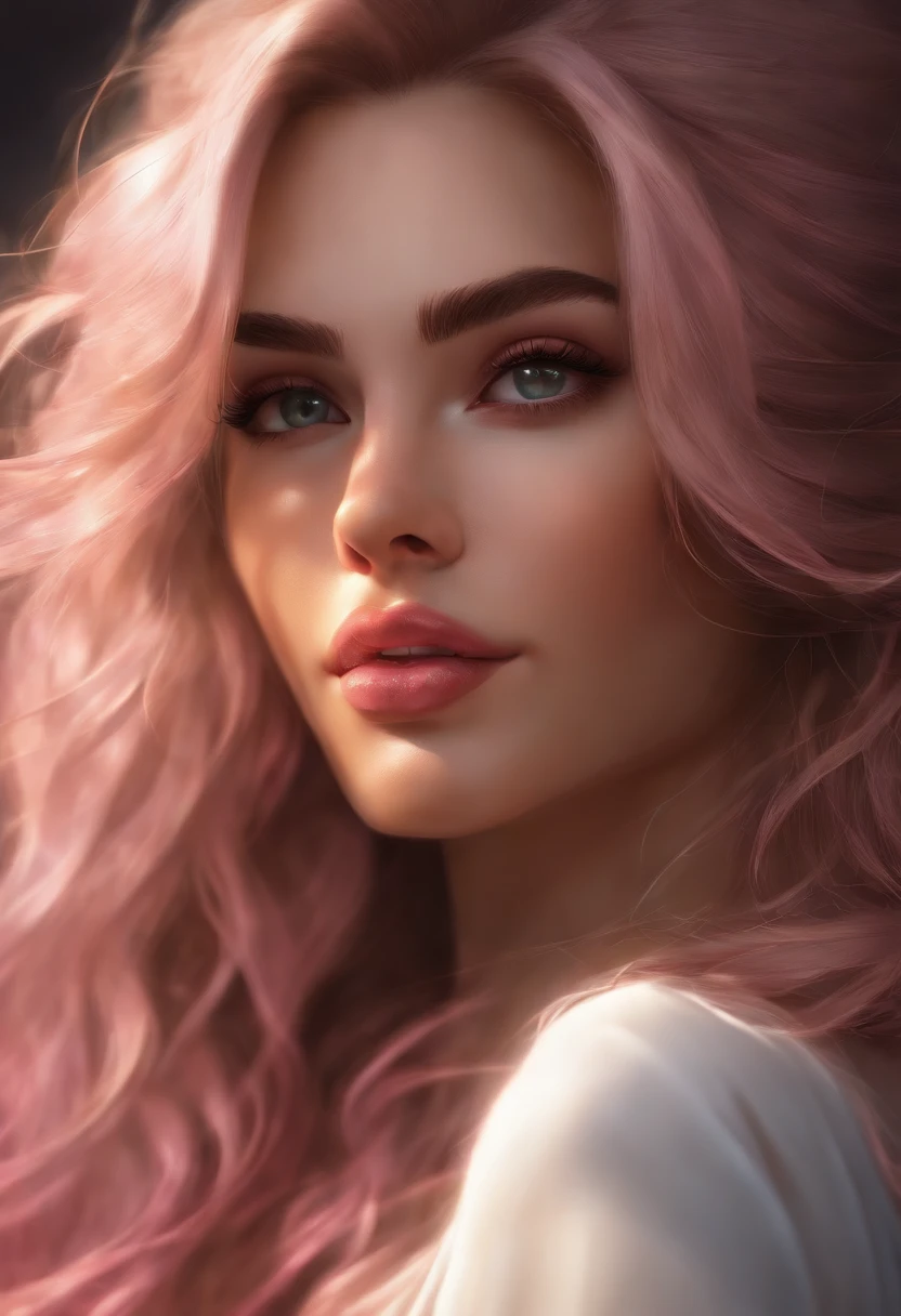 Beautiful,mulher nua,cabelo rosa,Erotic,corpo inteiro,pele branca,olhar sedutor,illustration,Detailed lips,sem roupas, master part:1.2,Altas,Realistic,estilo anime,vivid colors,tons quentes,soft lighting