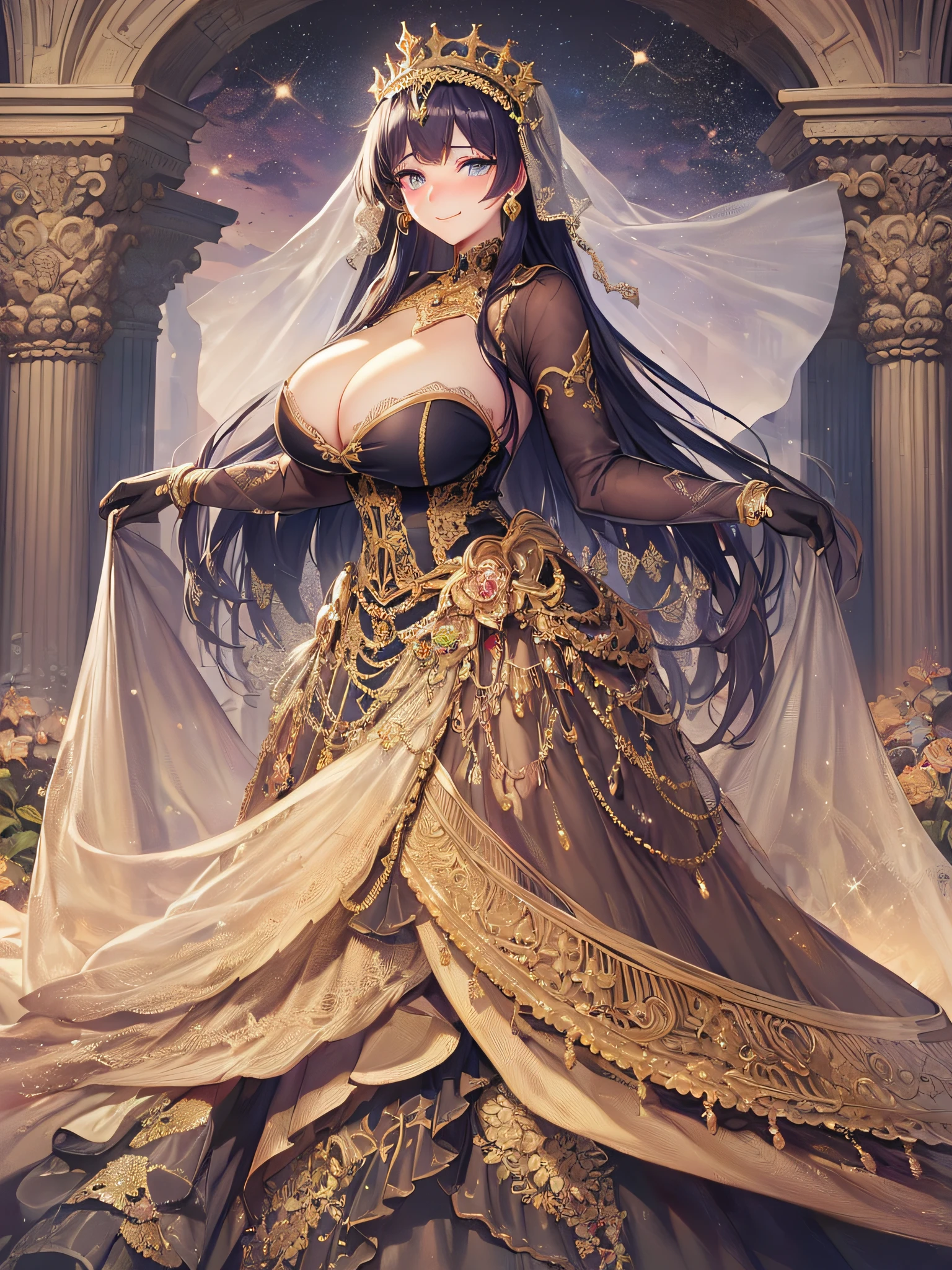 ((Anime Art Style)),(masutepiece),(Best Quality), (Super Detail),(Highly detailed CG Unity 8k wallpaper),((Very delicate and beautiful)),1 Lady,((Full body portrait)),((Stand in the garden)),((Solo)),(((One princess in a very gorgeous Rococo princess ball gown and a voluminous full-length hoop skirt adorned with gorgeous embroidery and jewels))),(((Giant Crinoline Hoop Skirt))),Long Train,((Gorgeous embroidery and jewelry)),voluminous ruffles,(((very very gigantic boobs,Skindentation))),cleavage,((Very long straight hair,Very voluminous straight long hair,Very long straight hair)),(finely detailed face and eyes),((Seductive smile,embarrassed)),Beautiful eyes like jewels,Very gorgeous hair ornament,(A very gorgeous tiara adorned with sparkly jewels),((Glitter Gorgeous Gemstone Jewelry)),Gorgeous Long Veil,((ultra long gloves)),(Beautiful background),(Full body),((Very gorgeous Rococo princess ball gown with gorgeous embroidery and jewels and voluminous full-length hoop skirt))