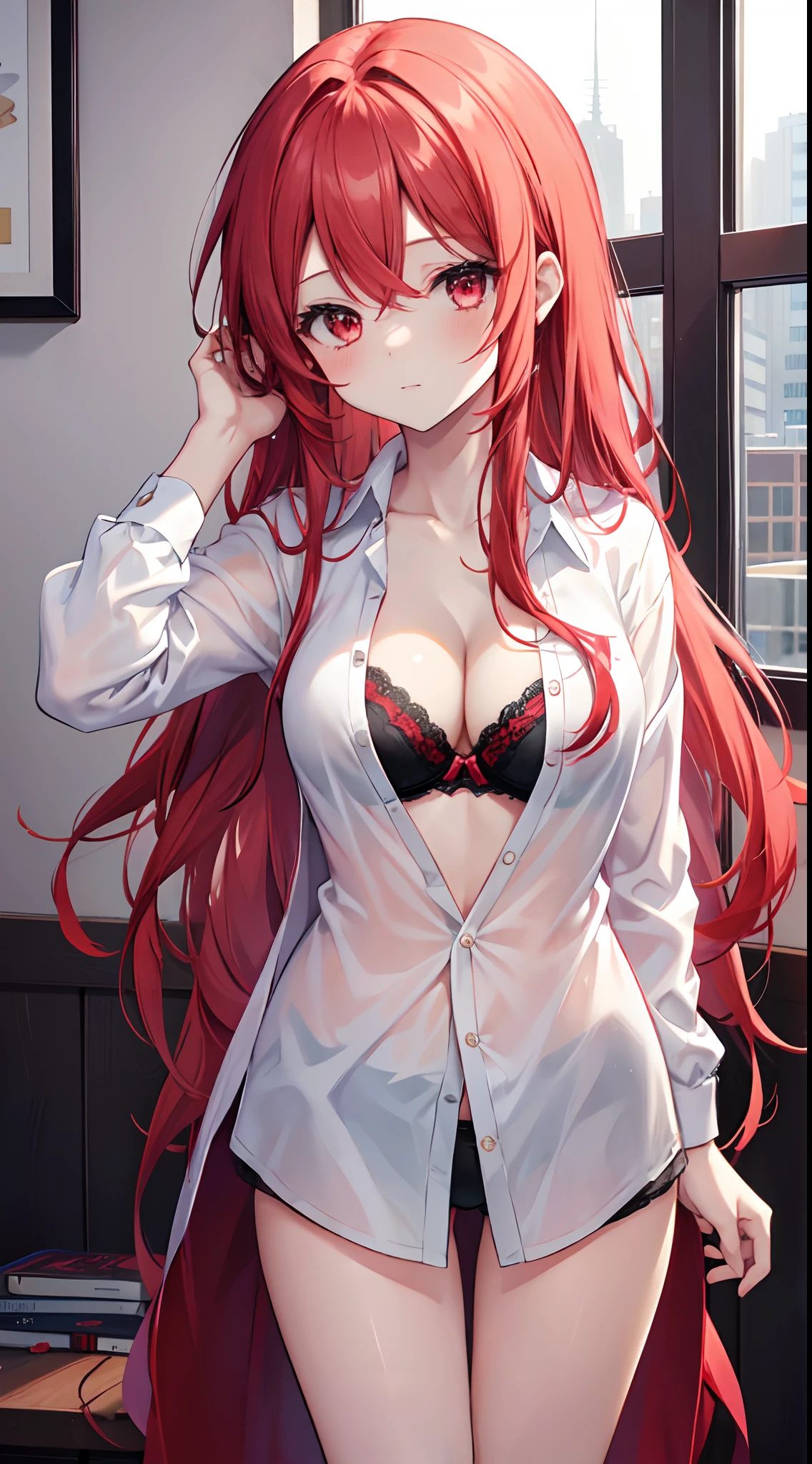 best quality, Mio_Naruse, 1girl, (hair_down:1.3), long_hair, straight_hair, open shirt,bra, red_hair, red_eyes, cleavage,