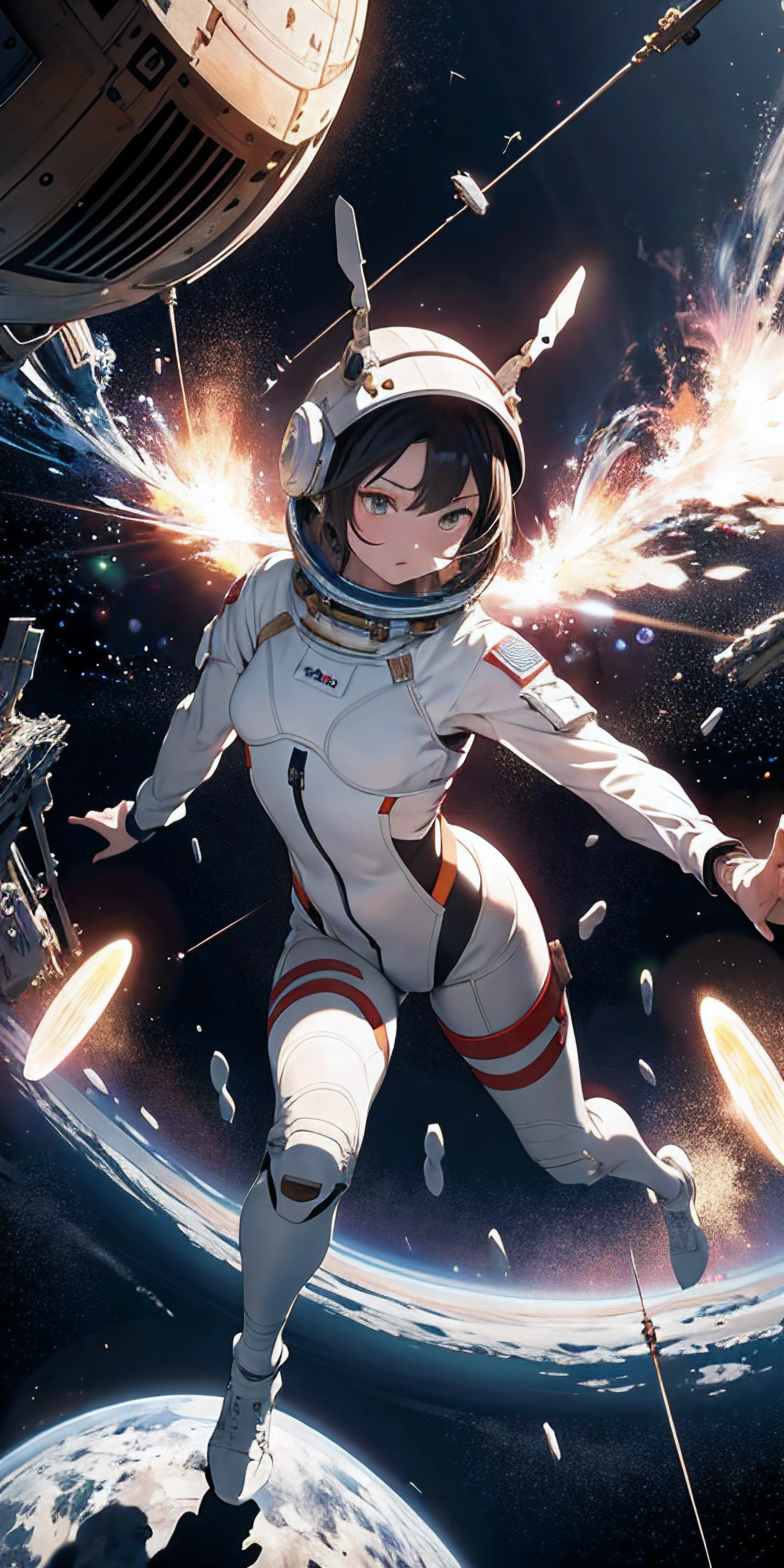 Absurd resolution, high resolution, (masterpiece:1.4), ultra-detailed, 1girl, in spacesuit, seen from above, space, floating, satellite, running pose, wide-angle lens distortion