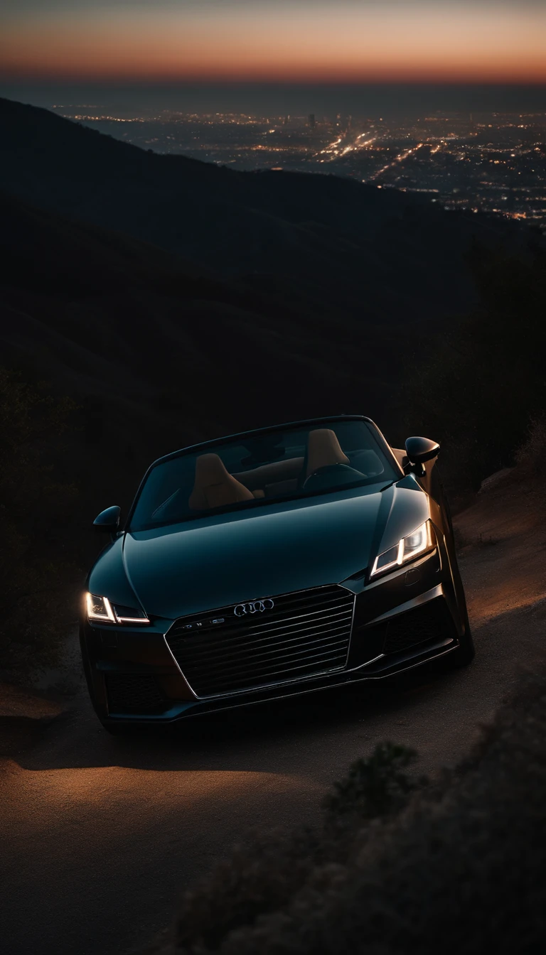 An audi TT MK3 parked on a hill in Los Angeles, Night, Lights on, car lights on, dramatic