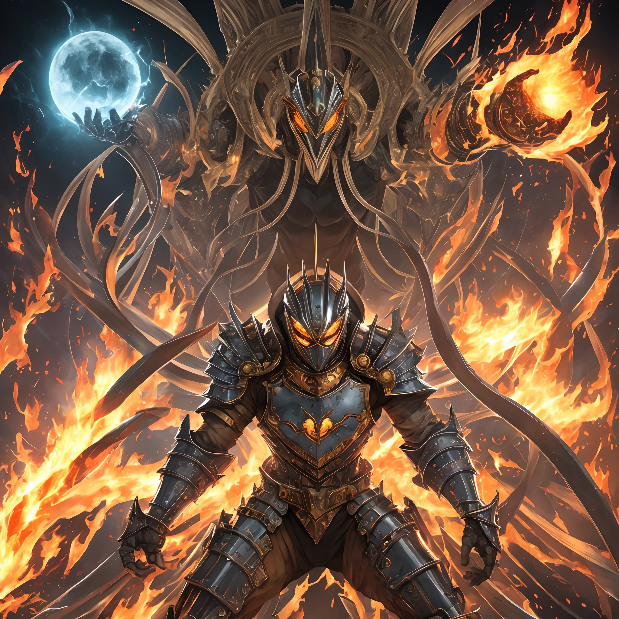 JOJO Bizzare "Hierophant fire" is a humanoid Stand of average build clad in several light-colored pieces of armor all over its body with much of body still exposed. Its armor includes a mask can be broken to reveal a mouth. Several of Hierophant Fire's joints are mechanical, its eyes are as well. body on-fire covered in a web-like pattern that as reminiscent of a shiny Sun. All of its body is capable of unraveling into tentacles covered in complex patterns. action ARAKI posing dynamic defferent design --auto --s2
