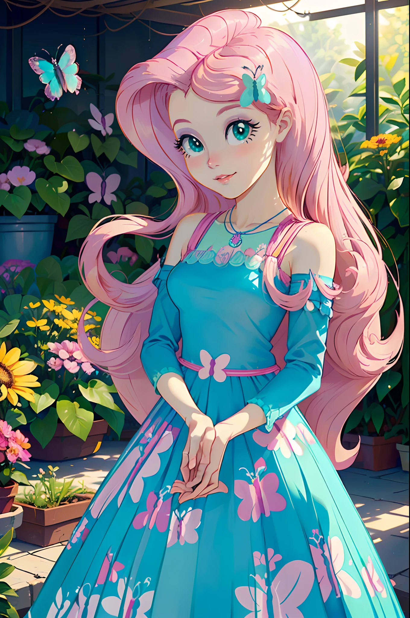 Fluttershy, fluttershy form my little pony, fluttershy in the form of a girl, in a greenhouse full of flowers, holding flowers, ((butterflies everywhere)) highly detailed butterflies, turquoise dress, light pink hair, really long hair, she is inside the greenhouse, it raining outside, calm sweet smile highly detailed turquoise eyes,