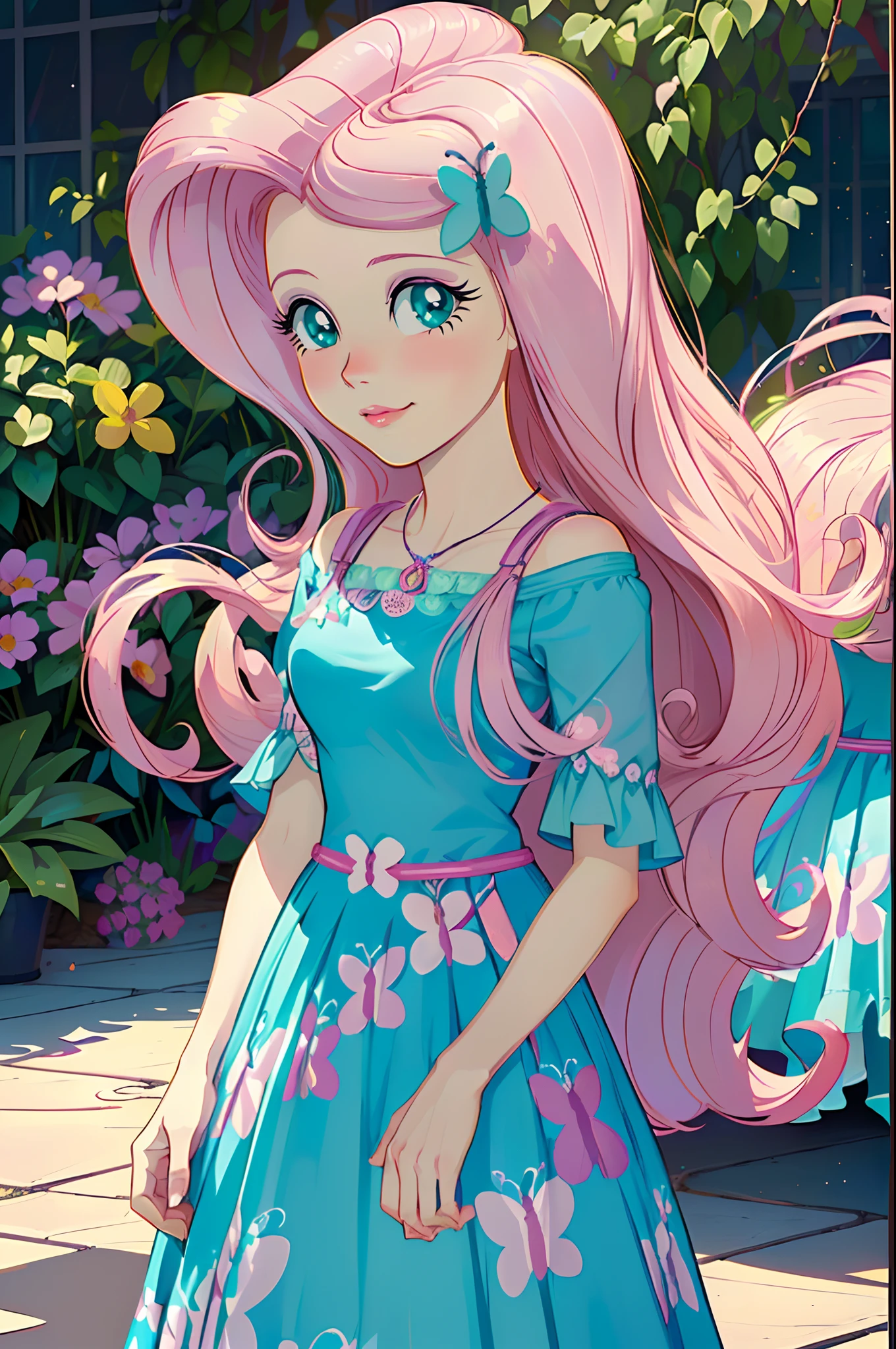 Fluttershy, fluttershy form my little pony, fluttershy in the form of a girl, in a greenhouse full of flowers, holding flowers, ((butterflies everywhere)) highly detailed butterflies, turquoise dress, light pink hair, really long hair, she is inside the greenhouse, it raining outside, calm sweet smile highly detailed turquoise eyes,