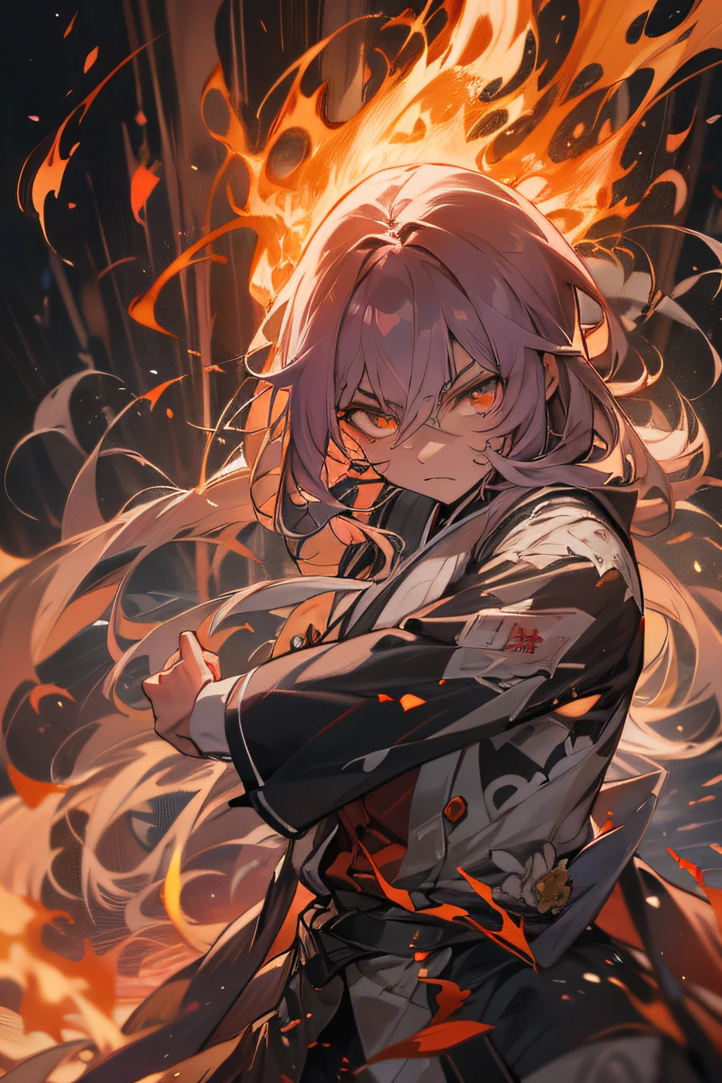 Kokushibo, cool, dynamic, 8k, with Kokushibo's sword, in fire
(best quality, 8k, highres, masterpiece:1.2), dynamic, powerful, intense, beautiful detailed eyes, detailed facial features, flowing long hair, confident stance, fierce expression, sharp and elegant sword, vibrant flames surrounding Kokushibo, dramatic lighting and shadows, realistic fire effects, rich and saturated colors, capturing the essence of Kokushibo's strength and presence, artistic brush strokes and textures, harmonious composition, masterfully capturing the intensity and energy of the scene.
