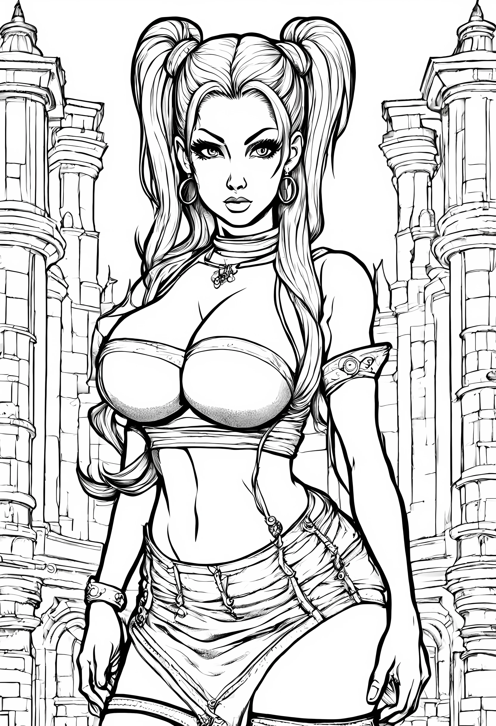 (Coloring Book) sketch page drawing, sharp thick outlines, uncolored, unshaded, busty woman with mega twintails wearing a short skirt, seductive, intricate details, hires