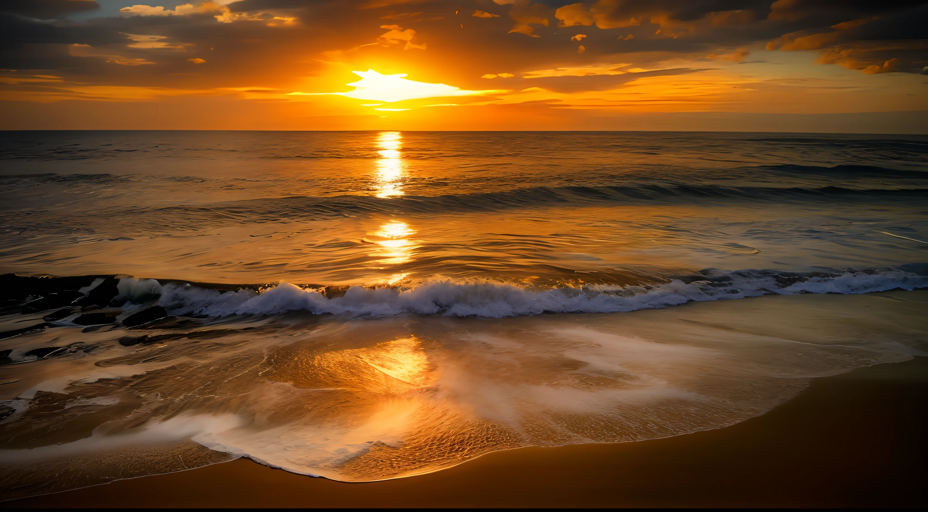 An absolutely mesmerizing sunset over the beach, with a blend of oranges, pinks, and yellows filling the sky. Crystal-clear waters of the sea gently kissing the shore, with sandy white beach stretching far and wide. The scene is dynamic and breathtaking, with seagulls soaring high in the sky and gently swaying palm trees. Take in the calming atmosphere and let the peacefulness wash over you.