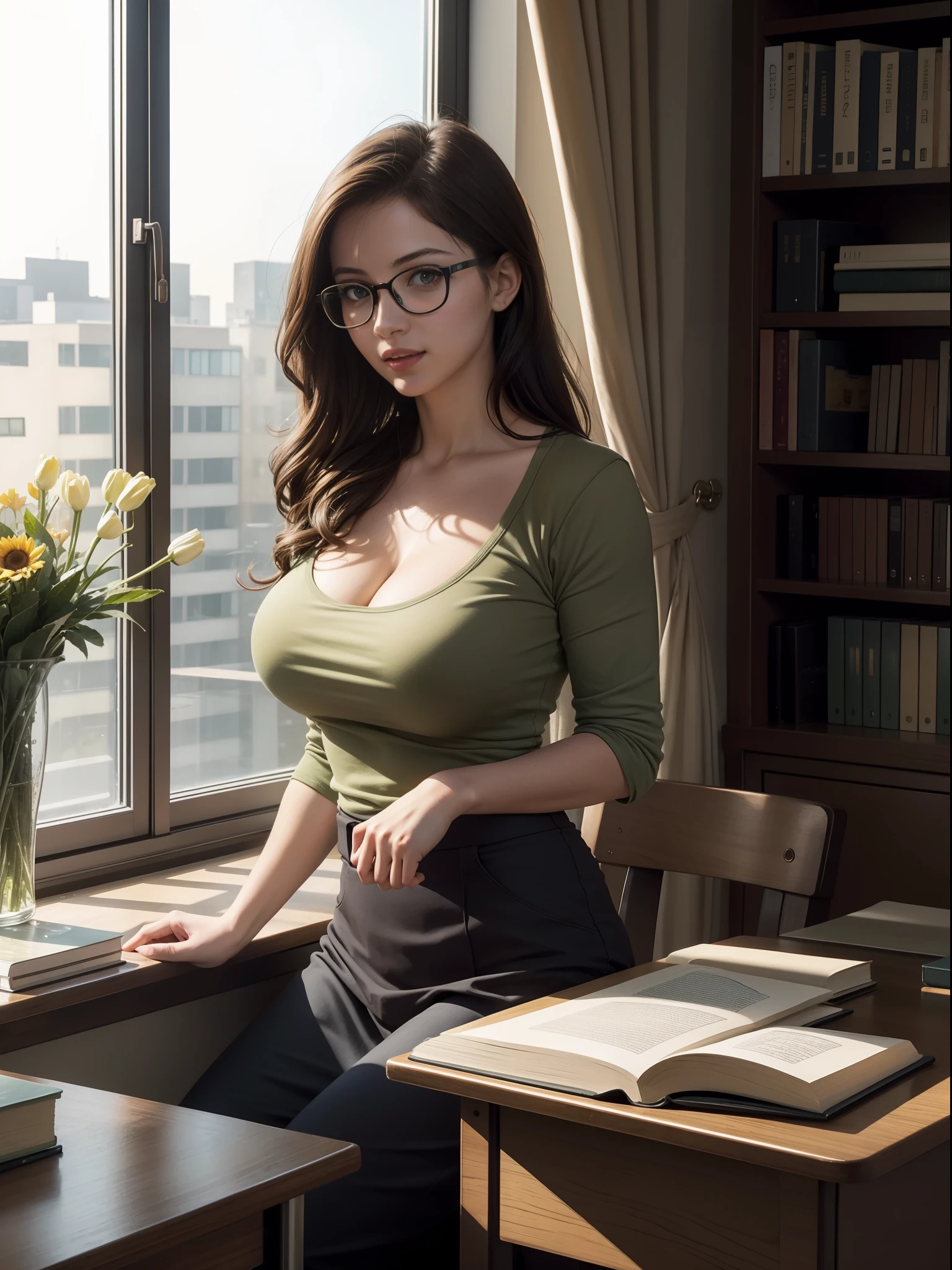 Character details + style) female teacher,((( Laura Croft,))) (detail) half-body, ((( big breasts 1.7))) ((( exposed breasts 1.4))) holding glasses frames, (lens effect + lighting + scene) light and shadow interlaced, next to the window, the sun is warm, bright light in the room, through the flowers and green, the bookshelves are dazzling, the students' desks are scattered with teaching stationery and textbooks, and the classroom air is fresh. ((( shot taken from front)))