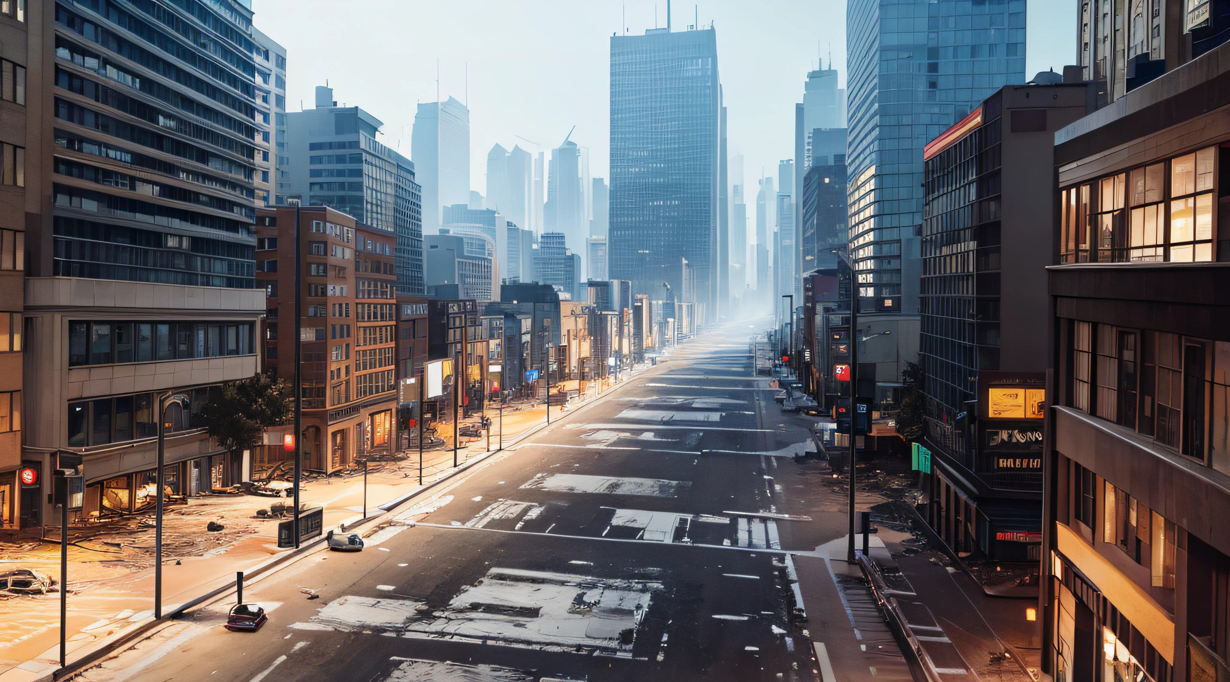 Empty street of burnt up city. Apocalyptic view of city downtown as disaster film poster concept. City destroyed by war