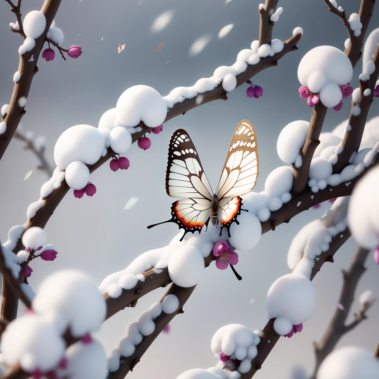 The butterfly moves up,Stop at a large plum blossom