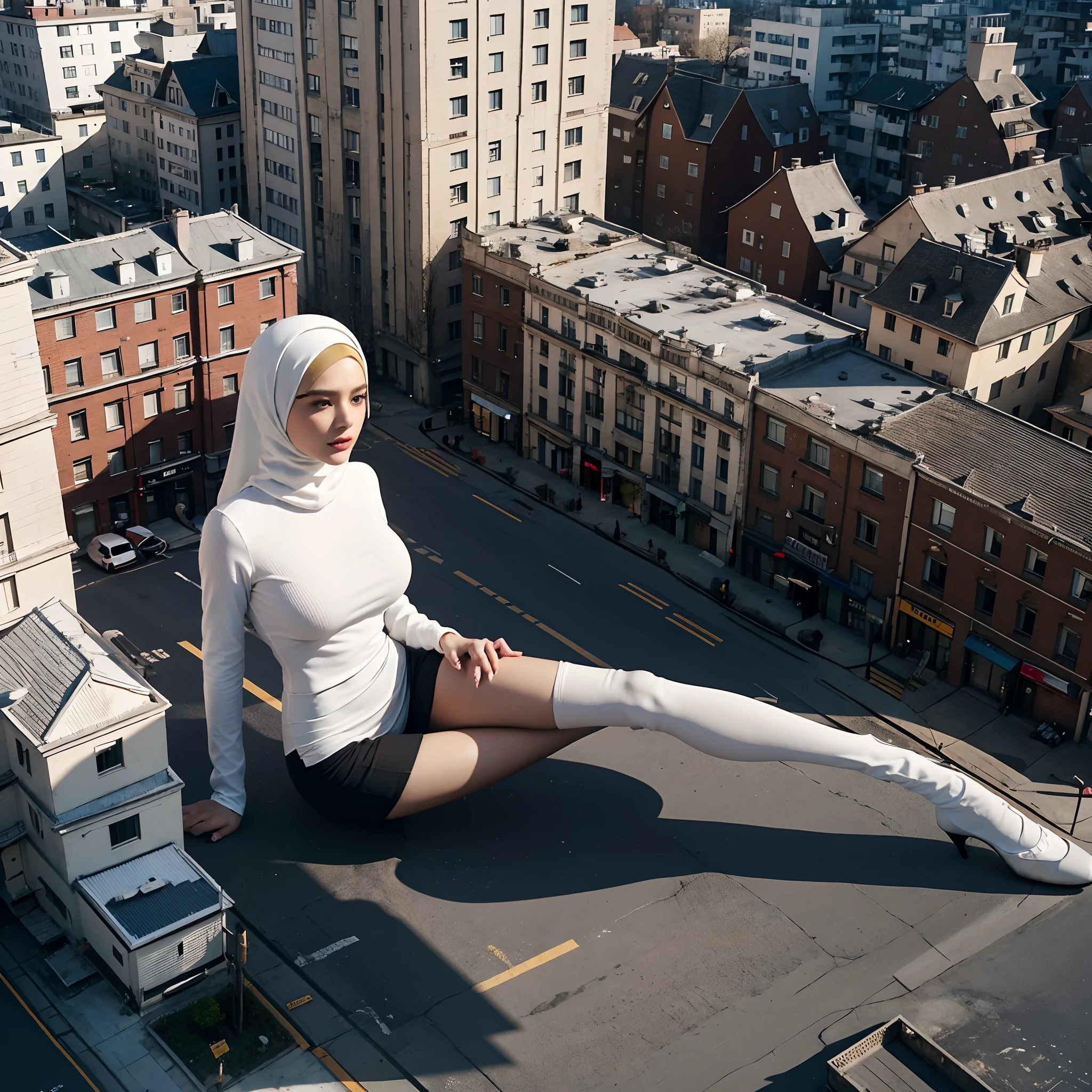 tallgts,giantess，Full body photo，BuildingSeat，White tight shirt，Big breasts，pencil skirts，black lence stockings，stiletto，(Long legs:1.2),Extremely tall girl，Above the house，Beautiful looks，Delicatemakeup，Perfect lighting，Cinematic quality，8K,High quality,(GTS:1.5),Aerial View，With tiny,  (woman wearing hijab 1.3)