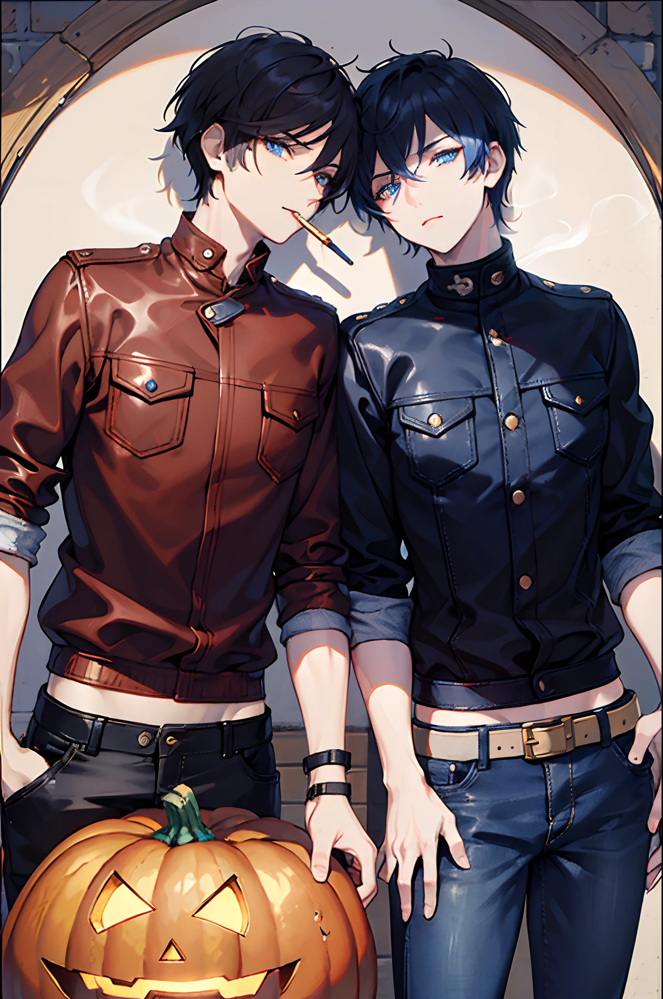 male people 　１ember　Dark blue short hair　blue eyess　Leather Jean　Leather pants　pumpkins　Halloween　Lunette de soleil　smoking tobacco　​masterpiece　Top image quality　Clear Parts Cinematic Shadows　Increased attractiveness of the eyes　Clear the shine of the eyes　Draw eyelashes neatly　Perfect Eye　A detailed eye　Sharpen image quality　Sharpen eye writing　Clear eye shape