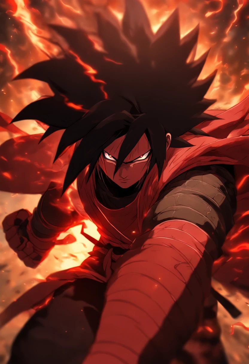 foreshortening, depth of field, masterpiece, best quality, 1men, Madara Uchiha from Naruto Anime, black hair, brown eyes, long hair, solo, looking at viewer, red color ninja armor, fighting, dappled sunlight,