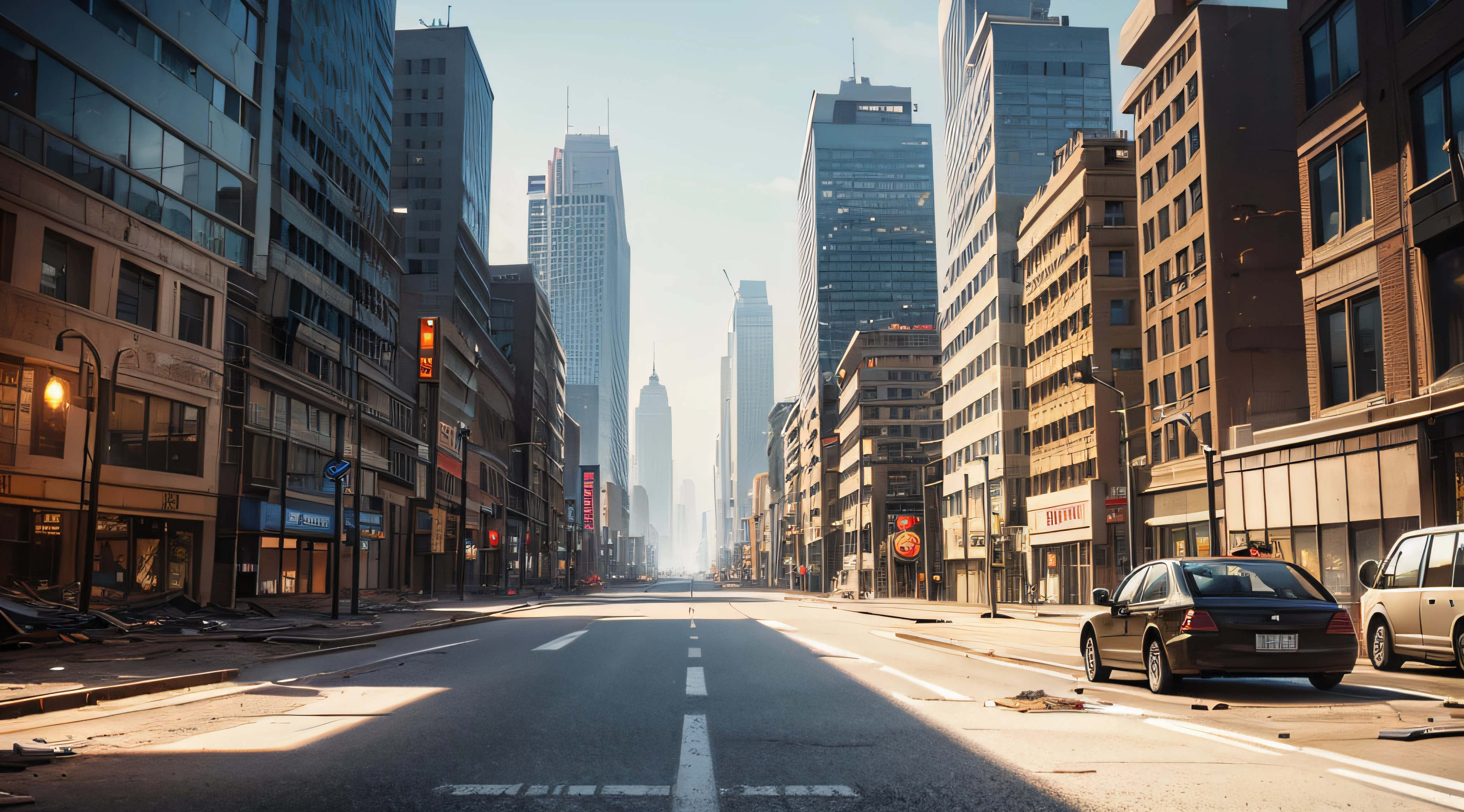 Empty street of burnt up city. Apocalyptic view of city downtown as disaster film poster concept. City destroyed by war