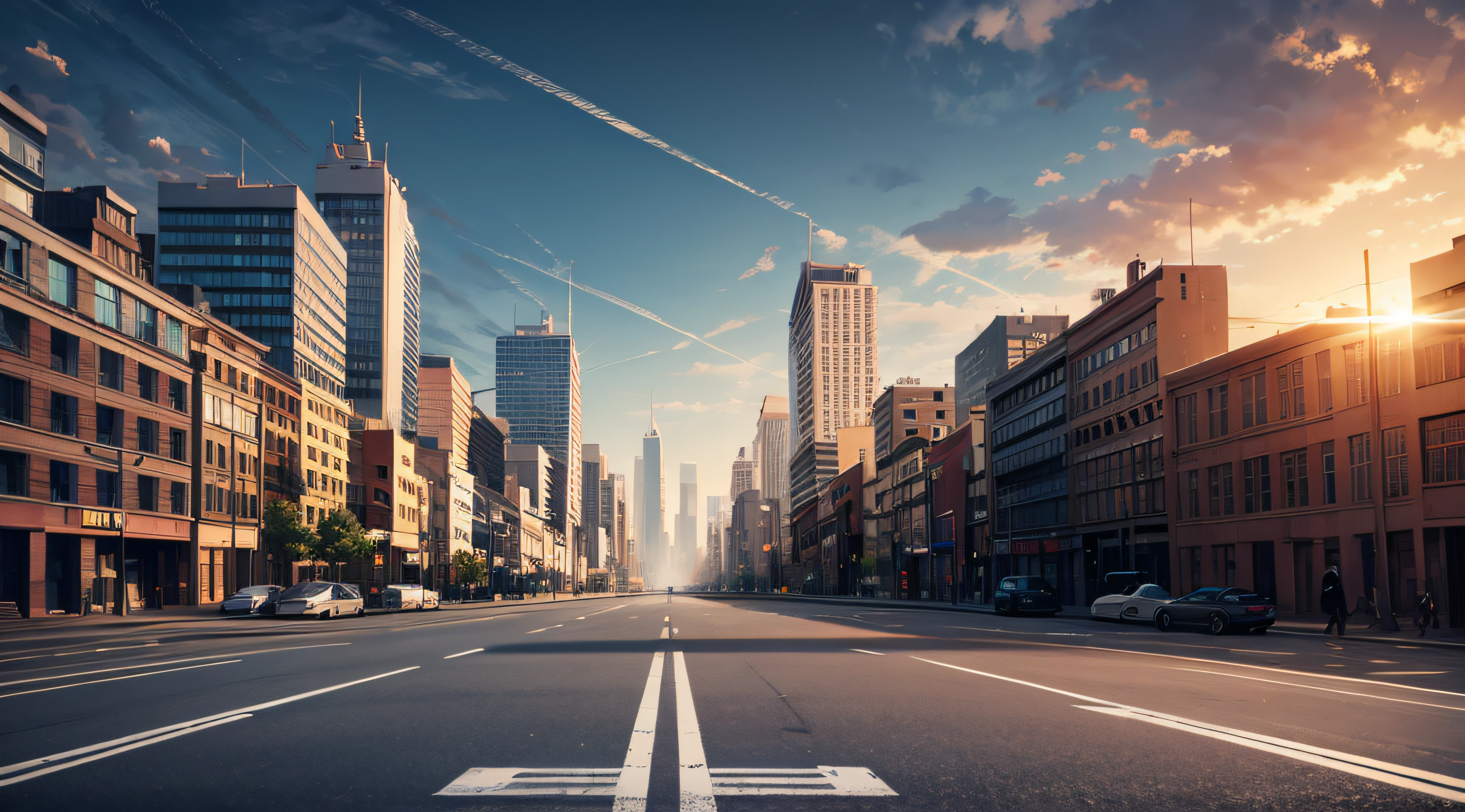 Empty street of burnt up city. Apocalyptic view of city downtown as disaster film poster concept. City destroyed by war