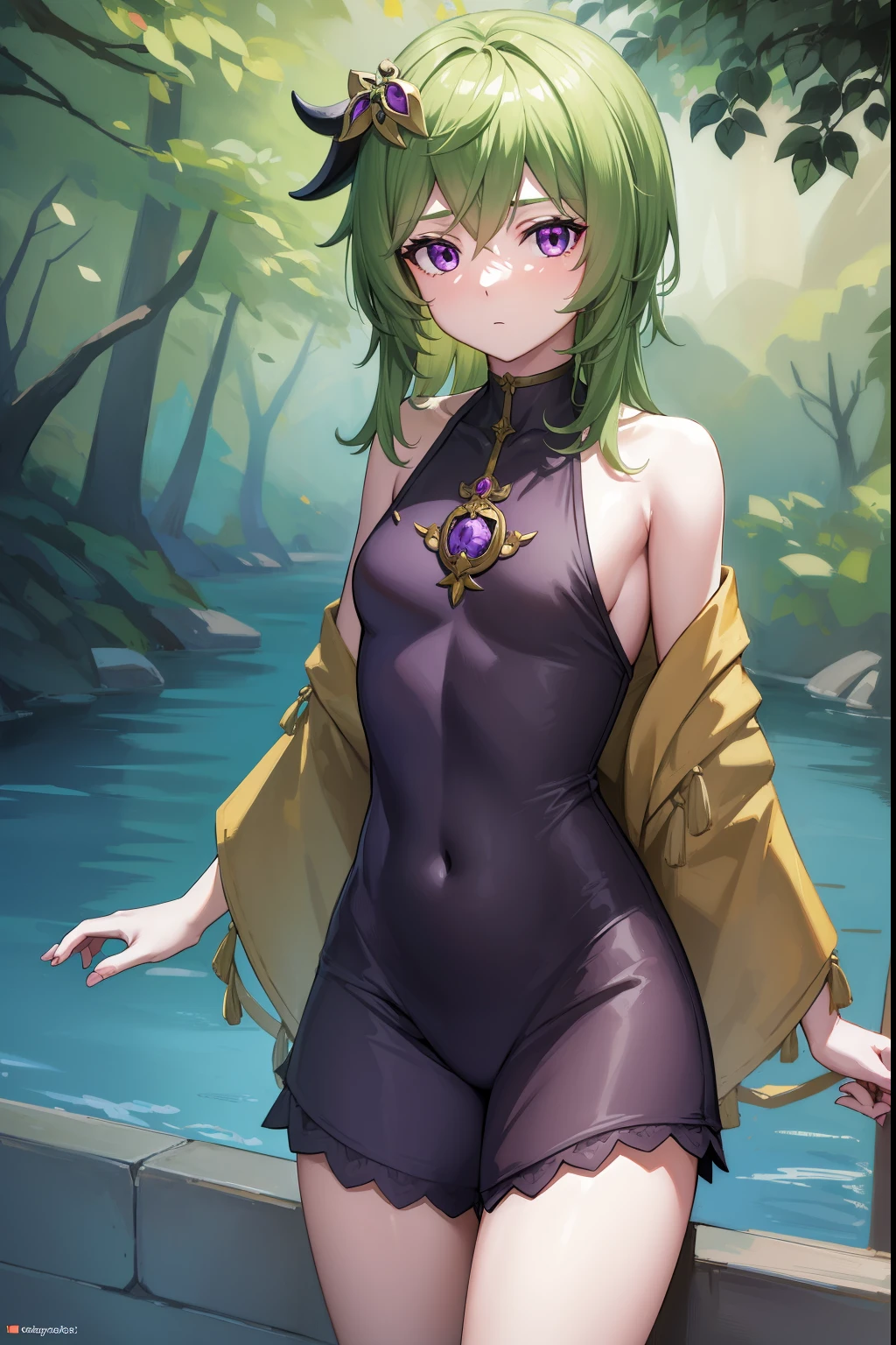 collei, collei, crossed bangs, green hair, hair ornament, medium hair, (purple eyes:1.1), sidelocks,
BREAK naked,
BREAK outdoors, nature, forest,
BREAK looking at viewer, (cowboy shot:1.5),
BREAK (masterpiece:1.2), best quality, high resolution, unity 8k wallpaper, (illustration:0.8), (beautiful detailed eyes:1.6), extremely detailed face, perfect lighting, extremely detailed CG, (perfect hands, perfect anatomy), small breasts