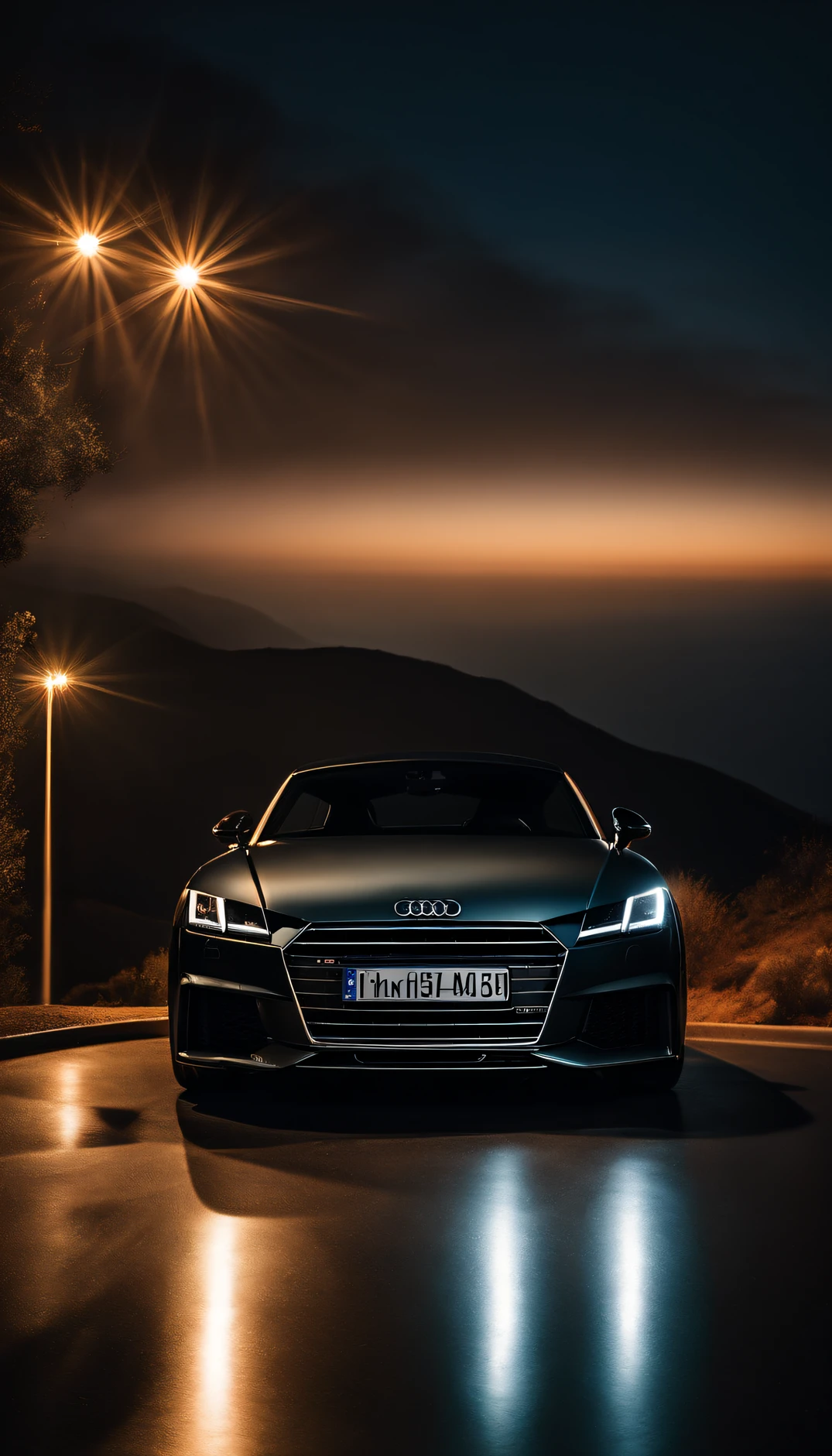 An audi TT MK3 parked on a hill in Los Angeles, Night, Lights on, car lights on, dramatic