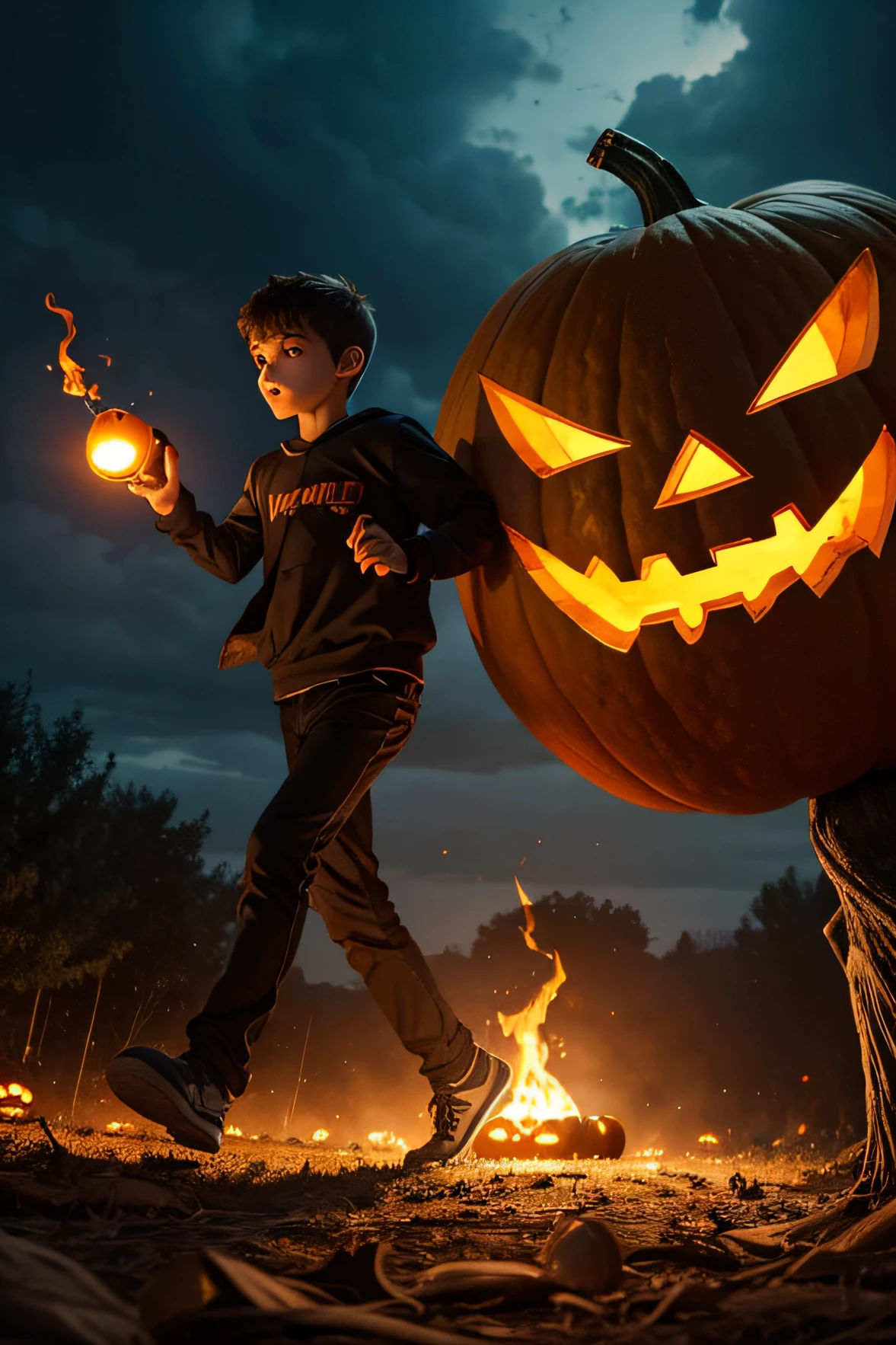 a teen boy running in a dark pumpkin field with a giant pumpkin monster his head is giant picking and his body is slim dead tree it has some pumpkin leaves, the boy holding a flashlight, he is scared, a pumpkin with flames and flames a realistic of boy with around the floor Halloween pumpkins and a jack-o-lanterns, a group of pumpkins in a field, a close up of a pumpkin, a close-up of a person's head