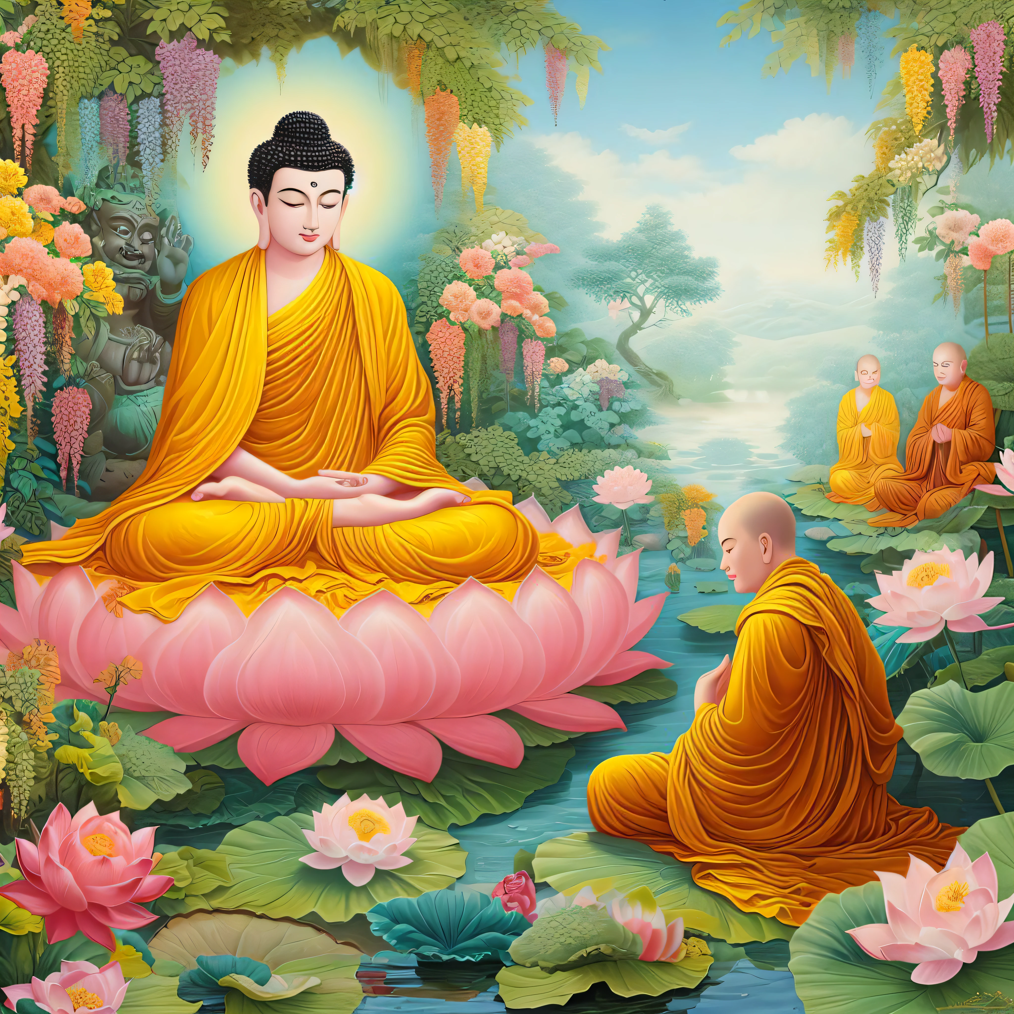 buddha sitting on lotus flower with other monks in background, buddhist, sitting on a lotus flower, buddhism, buddhist monk meditating, lotus, buddhist art, the buddha, a beautiful buddhist mandala, buddha, beautiful depiction, standing gracefully upon a lotus, lotus flowers on the water, with lotus flowers, lotuses, lotus pond, by Shen Che-Tsai