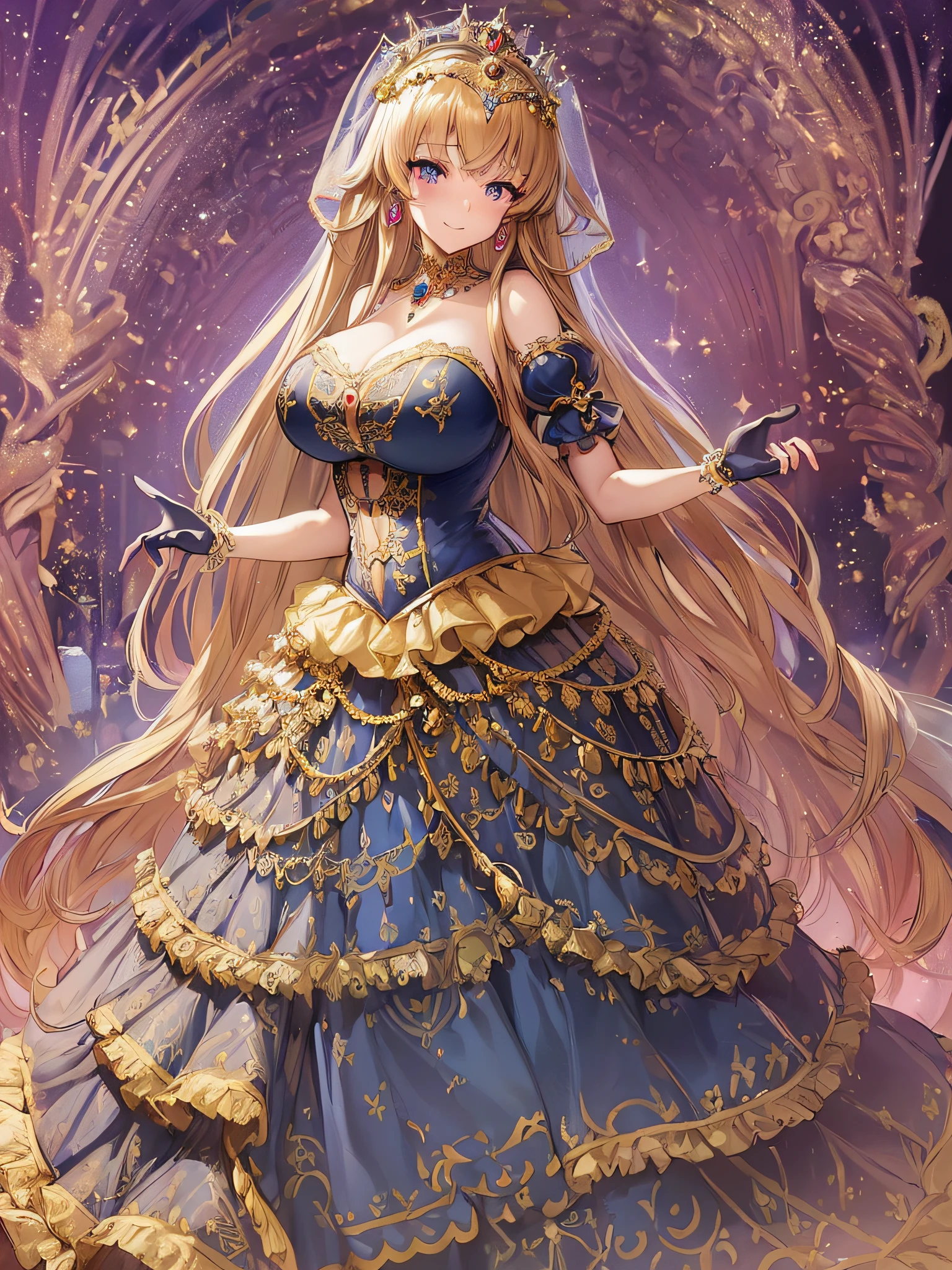 ((Anime Art Style)),(masutepiece),(Best Quality), (Super Detail),((Very delicate and beautiful)),((Full body portrait)),((Stand in the garden)),((Solo)),(((One princess in very gorgeous Cinderella ballgown))),Long Train,Gorgeous embroidery and jewelry,(((very very gigantic boobs,Skindentation))),((large amount of straight hair,extremely voluminous Hair,Very Long Straight Hair)),(finely detailed face and eyes),((Seductive smile,embarrassed)),(extremely gorgeousfull hair ornament,very gorgeous tiara adorned with bling-bling jewels),Glitter Gorgeous Gemstone Jewelry,Gorgeous Long Veil,(opera gloves),(Beautiful background),(Full body),((gorgeous Cinderella ballgown)),